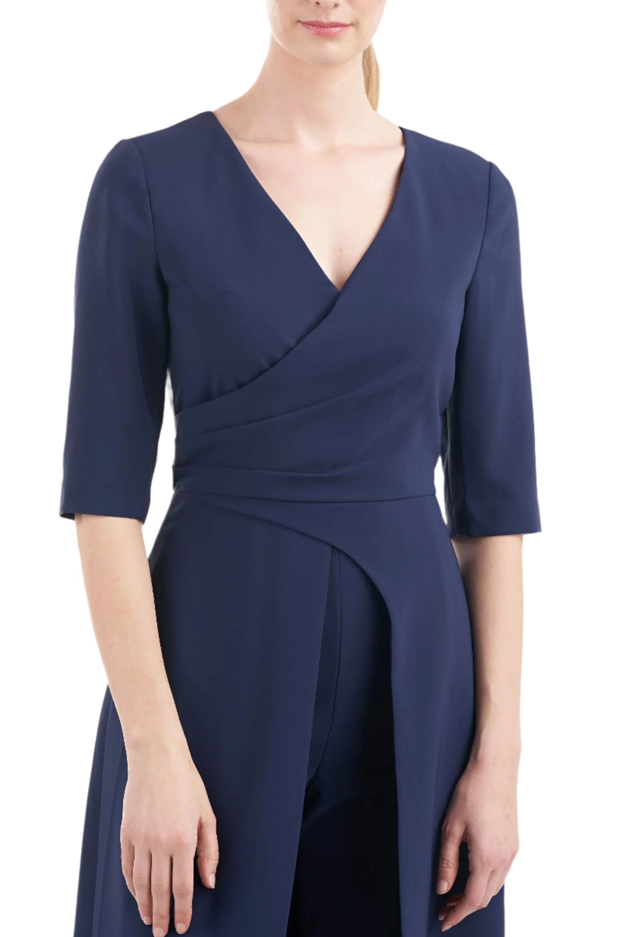 Kay Unger V-Neck 3/4 Sleeve Full-Length Skirt With Walk-Through Front Cutout Crepe Jumpsuit