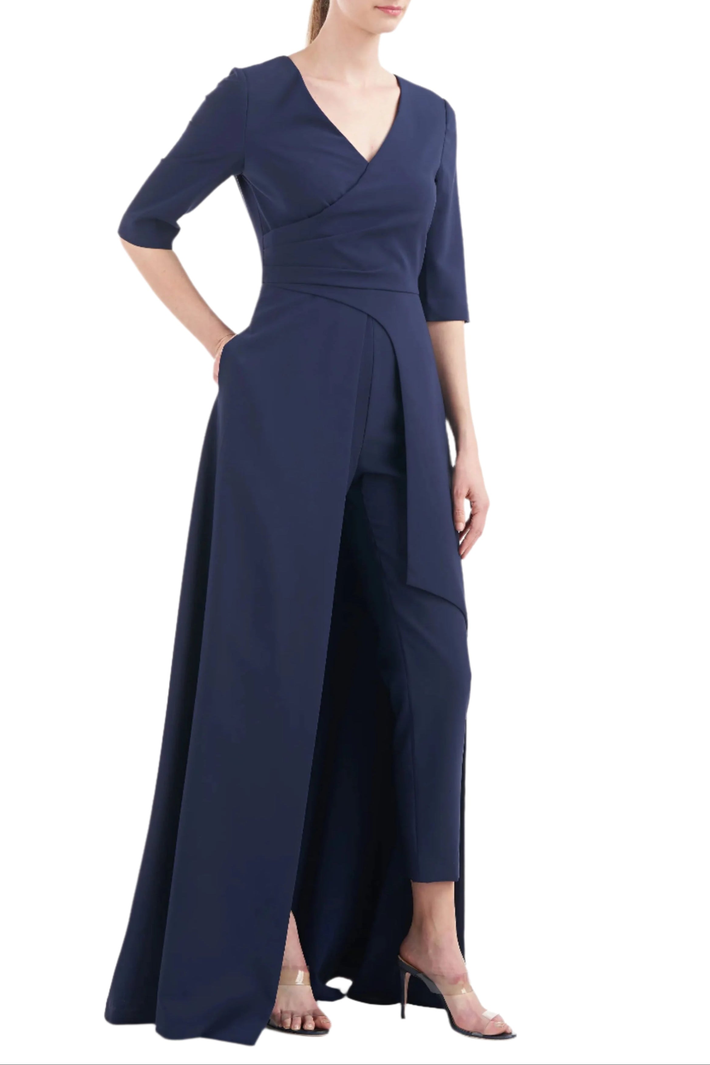Kay Unger V-Neck 3/4 Sleeve Full-Length Skirt With Walk-Through Front Cutout Crepe Jumpsuit