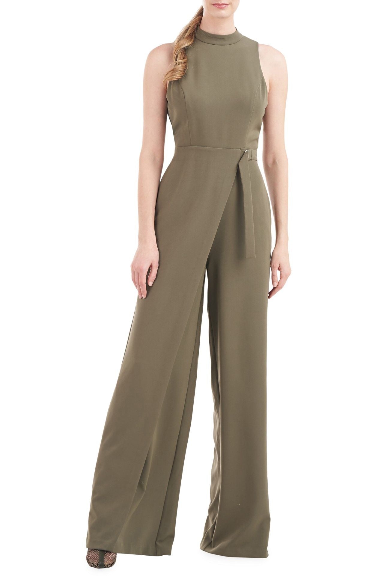 Kay Unger Mock Neck Sleeveless Asymmetrical Belted Overlay Wide Leg Stretch Crepe Jumpsuit