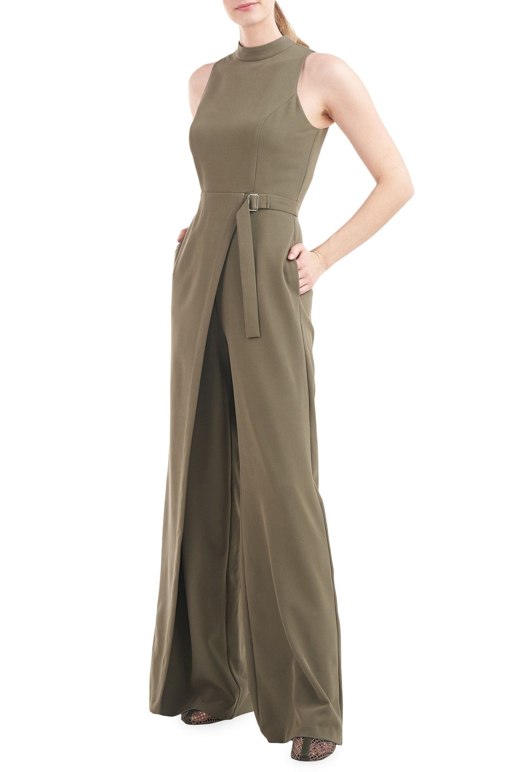 Kay Unger Mock Neck Sleeveless Asymmetrical Belted Overlay Wide Leg Stretch Crepe Jumpsuit