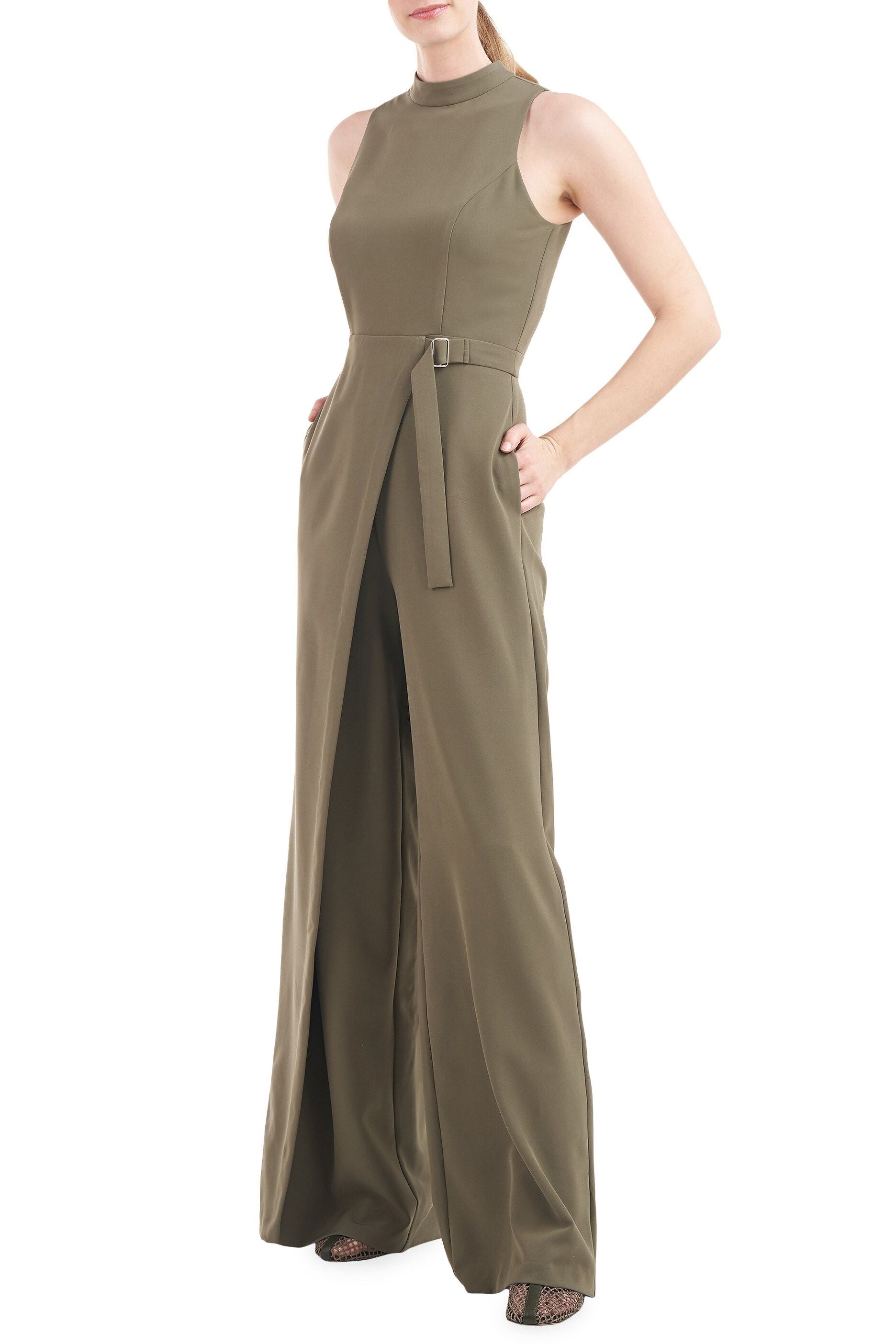 Kay Unger Mock Neck Sleeveless Asymmetrical Belted Overlay Wide Leg Stretch Crepe Jumpsuit
