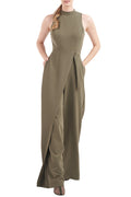 Kay Unger Mock Neck Sleeveless Asymmetrical Belted Overlay Wide Leg Stretch Crepe Jumpsuit