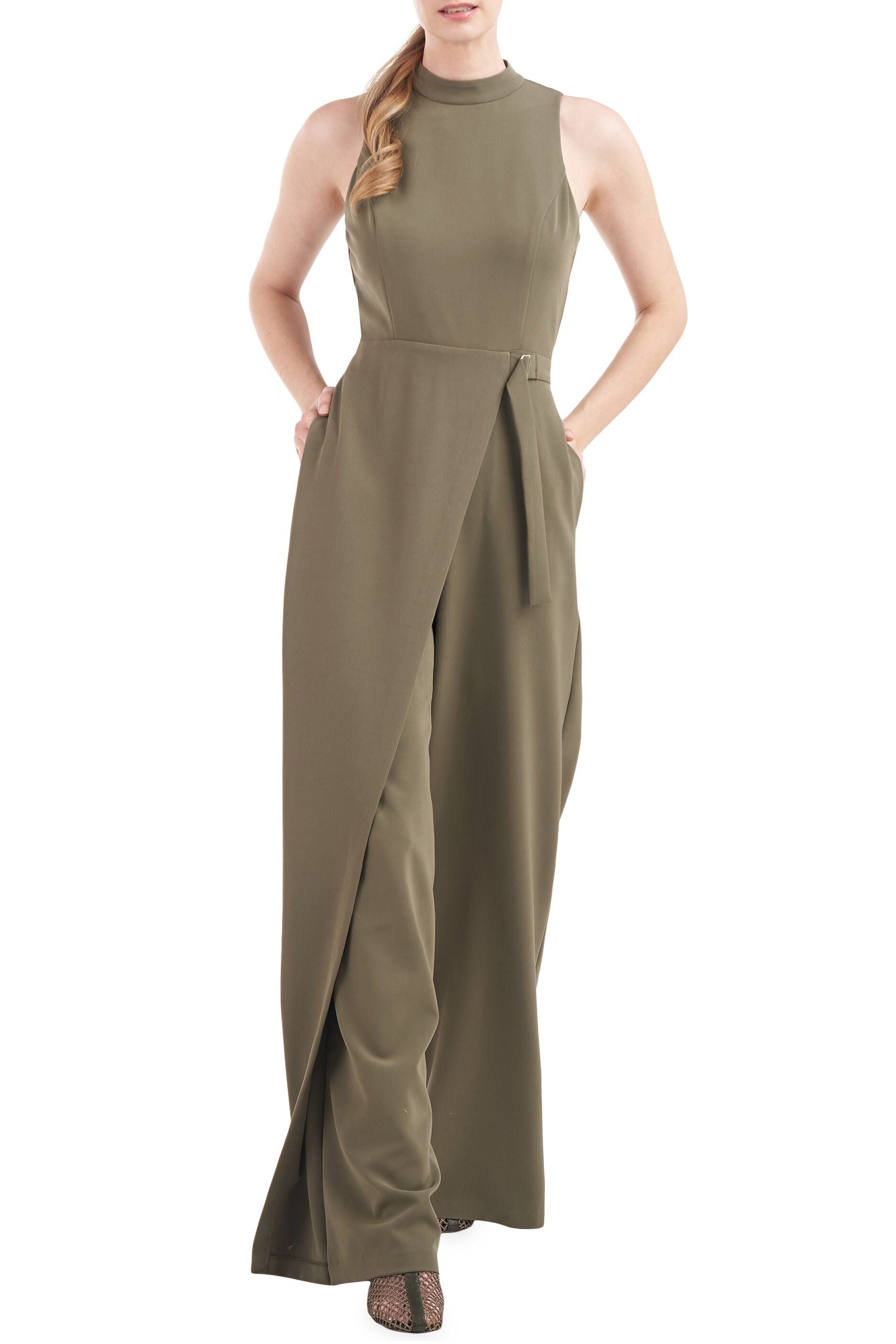 Kay Unger Mock Neck Sleeveless Asymmetrical Belted Overlay Wide Leg Stretch Crepe Jumpsuit