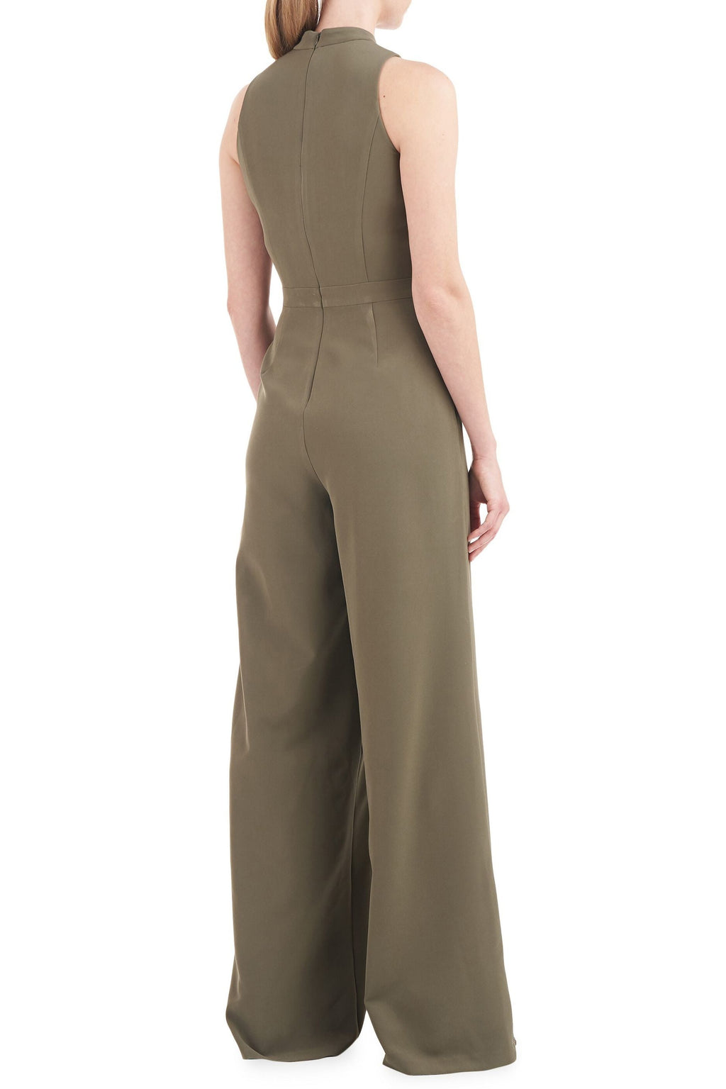 Kay Unger Mock Neck Sleeveless Asymmetrical Belted Overlay Wide Leg Stretch Crepe Jumpsuit