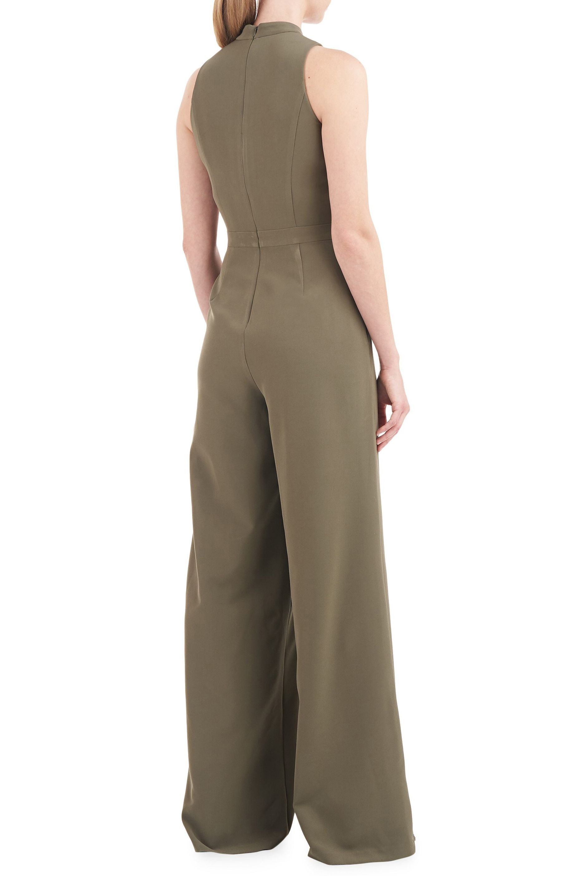 Kay Unger Mock Neck Sleeveless Asymmetrical Belted Overlay Wide Leg Stretch Crepe Jumpsuit