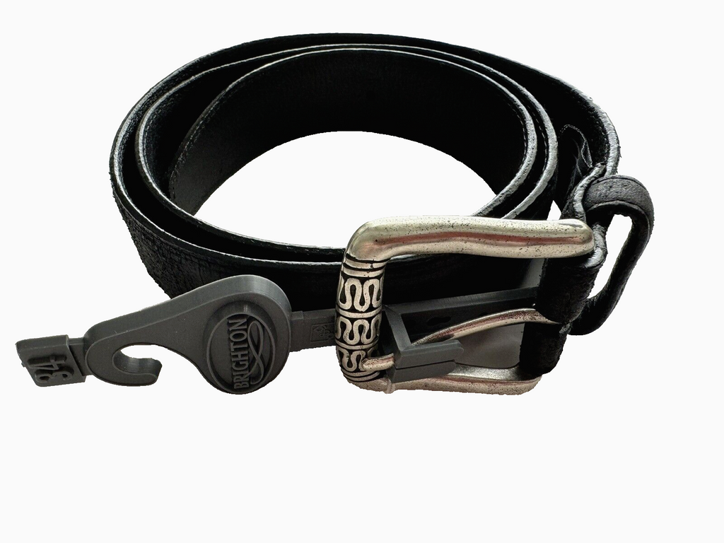 BRIGHTON men's 34 black full-grain leather silver belt designer unisex