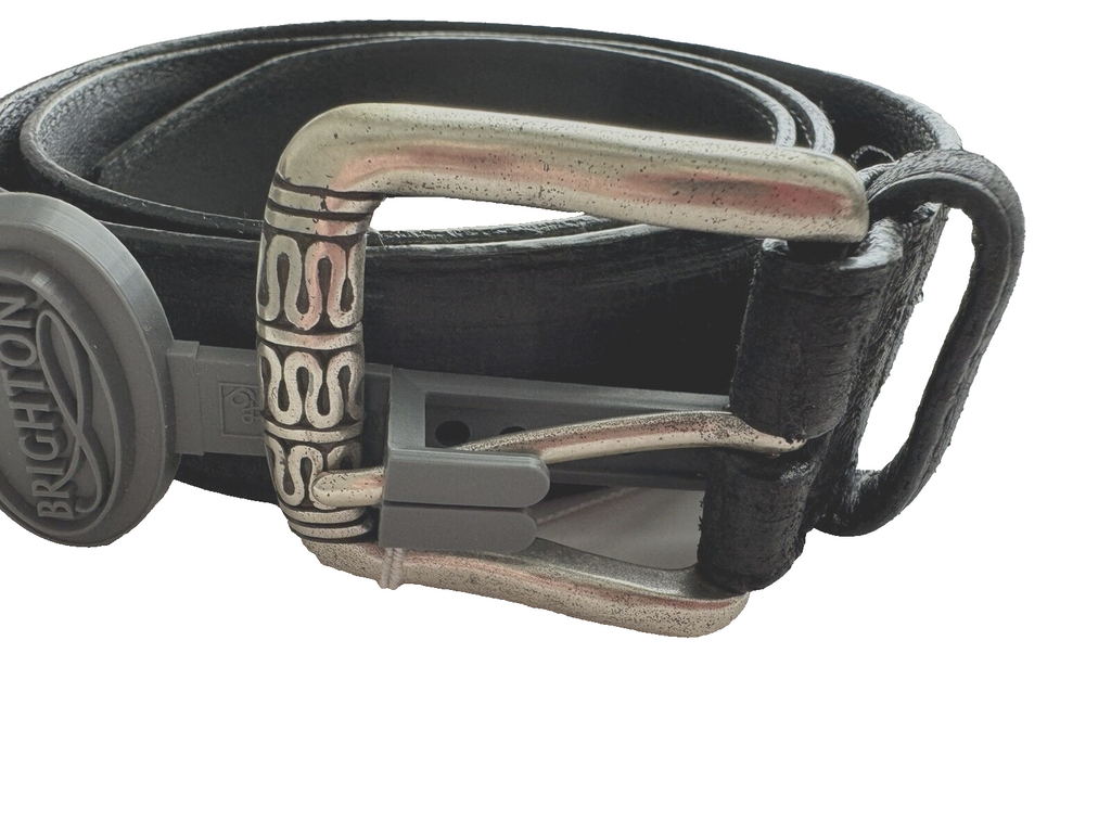 BRIGHTON men's 34 black full-grain leather silver belt designer unisex