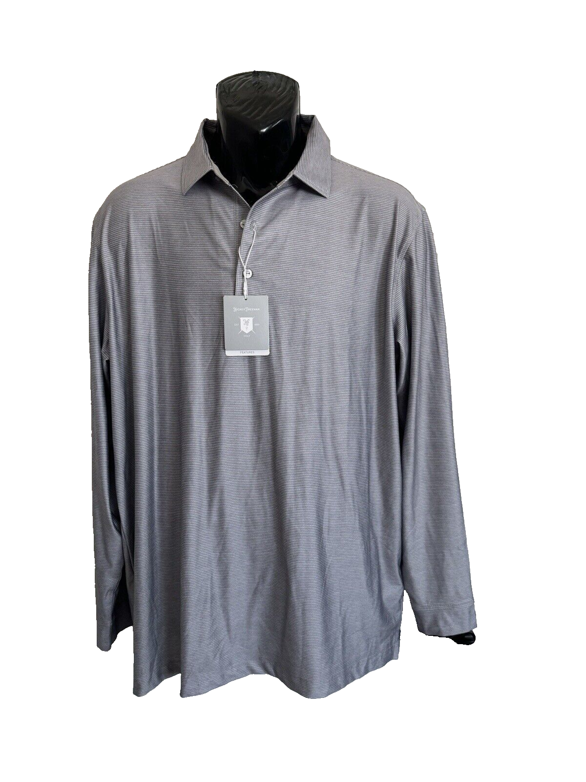Hickey Freeman Golf Shirt L Men's Stretch UPF Wicking Grey Striped Polo LS