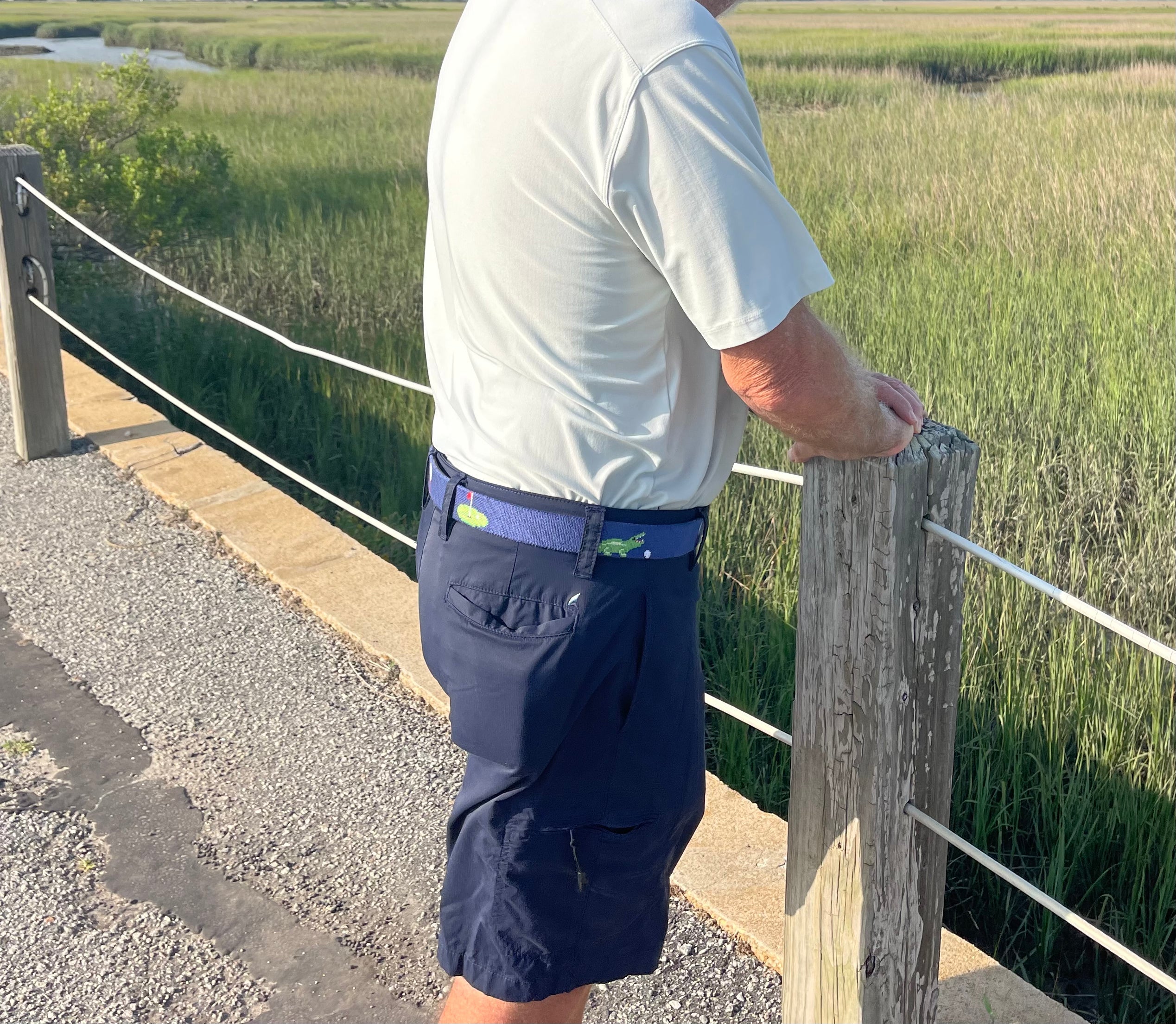 Charleston Belt Golf Green Gator Croc Leather Hand-stitched Needlepoint Belt Navy men's