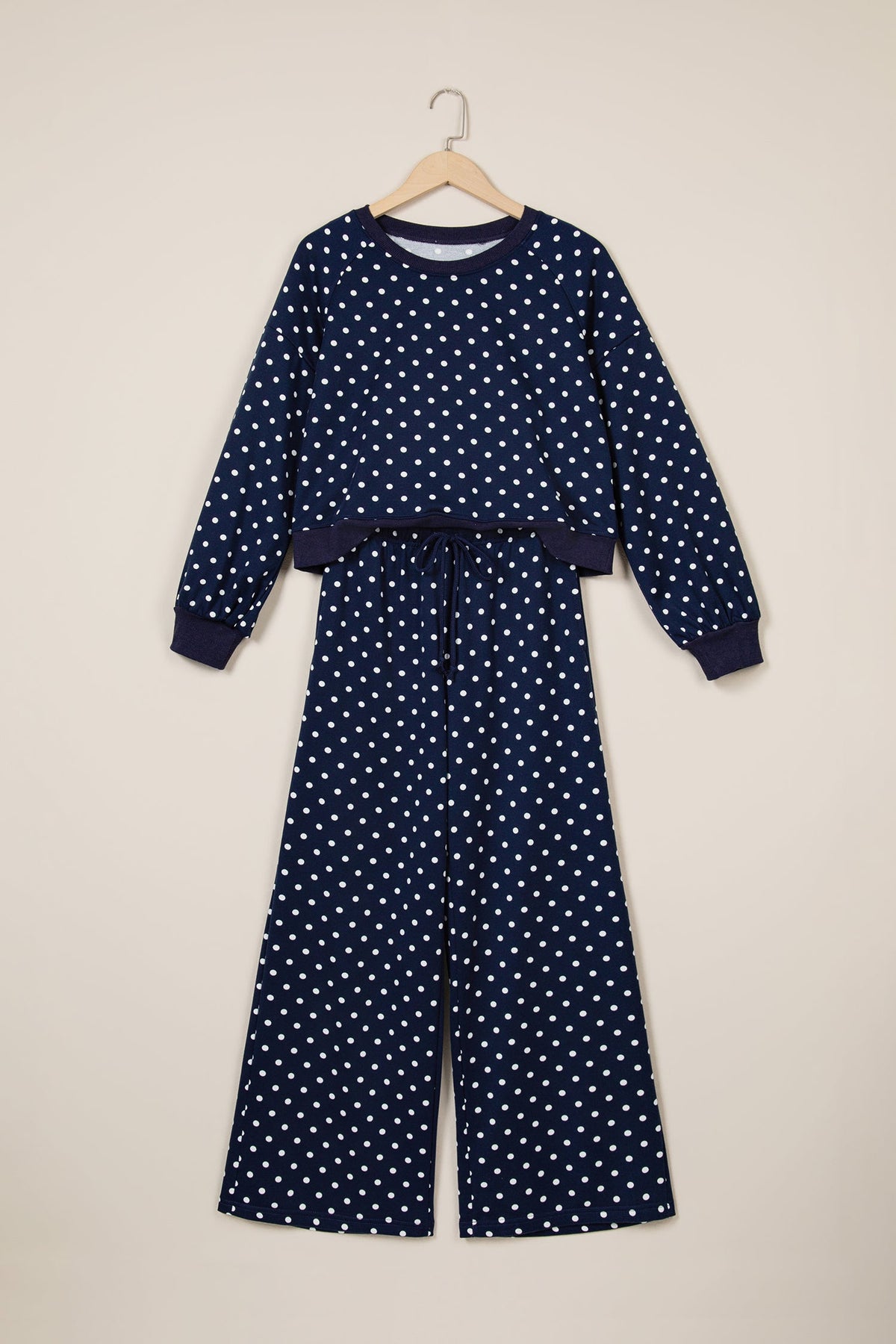 Jane Polka Dot Drawstring Wide Leg Long Sleeve Top Pant Set Outfit