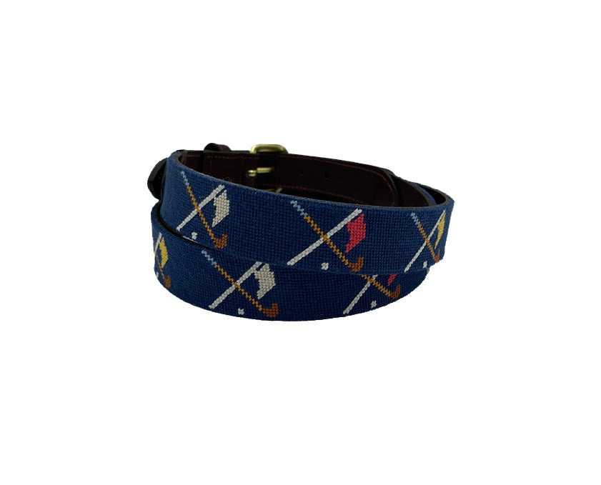 Golf Clubs and Flags Crossed needlepoint men's Belt navy blue
