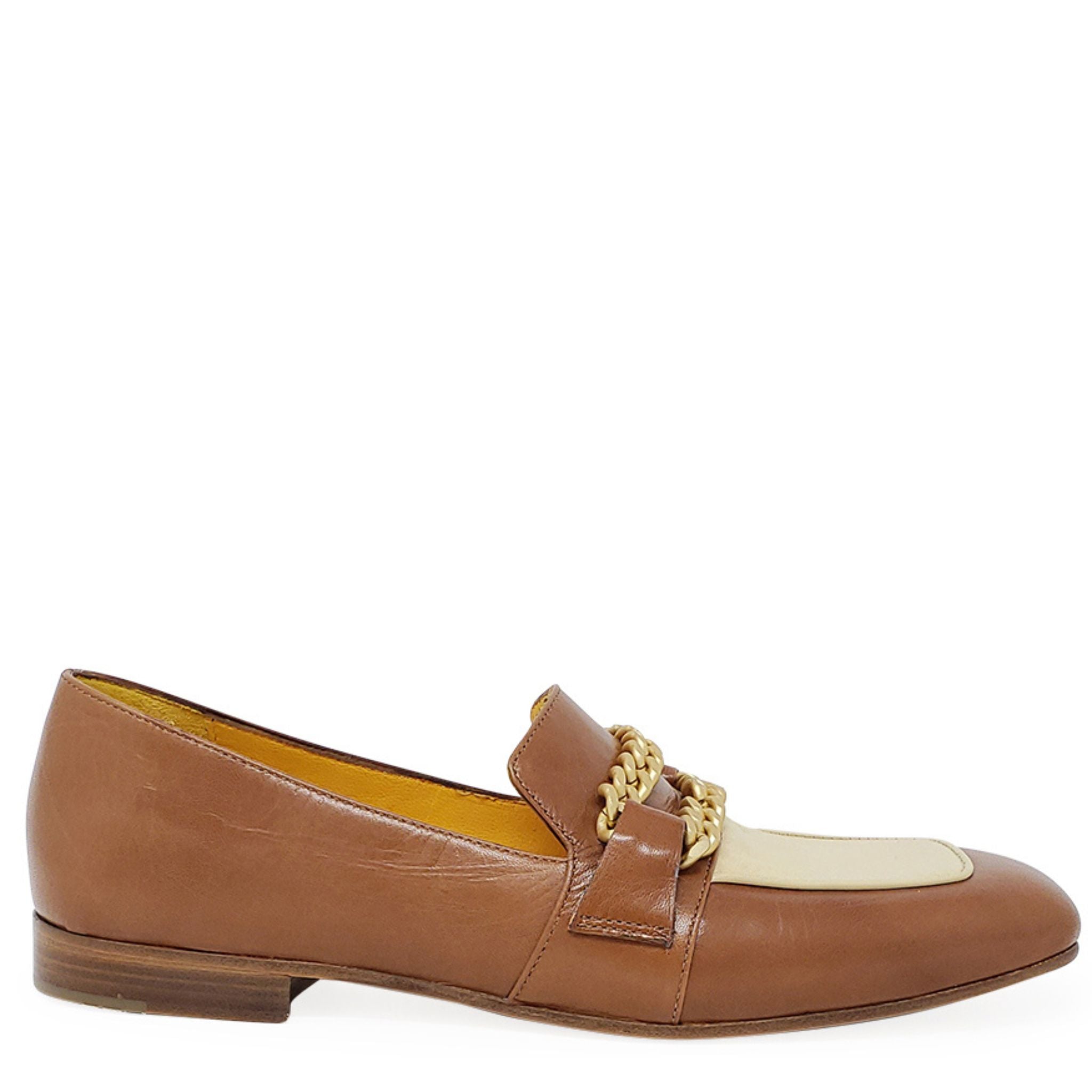 Flat Loafer Tan/Cream Madison Maison Beverly Hills spectator flats w/ gold chain