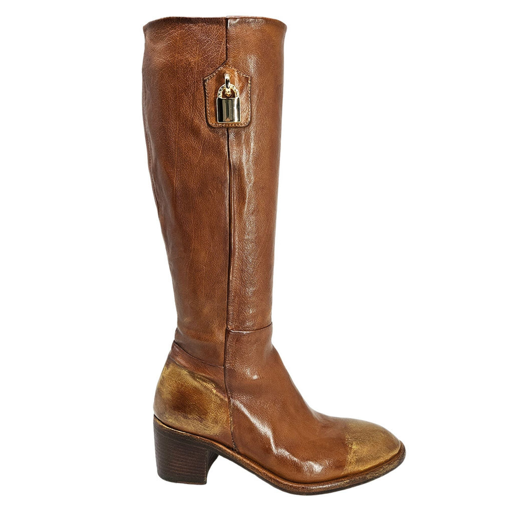 Cognac Tall Hand Rubbed Lock Boot knee Madison Maison Beverly Hills