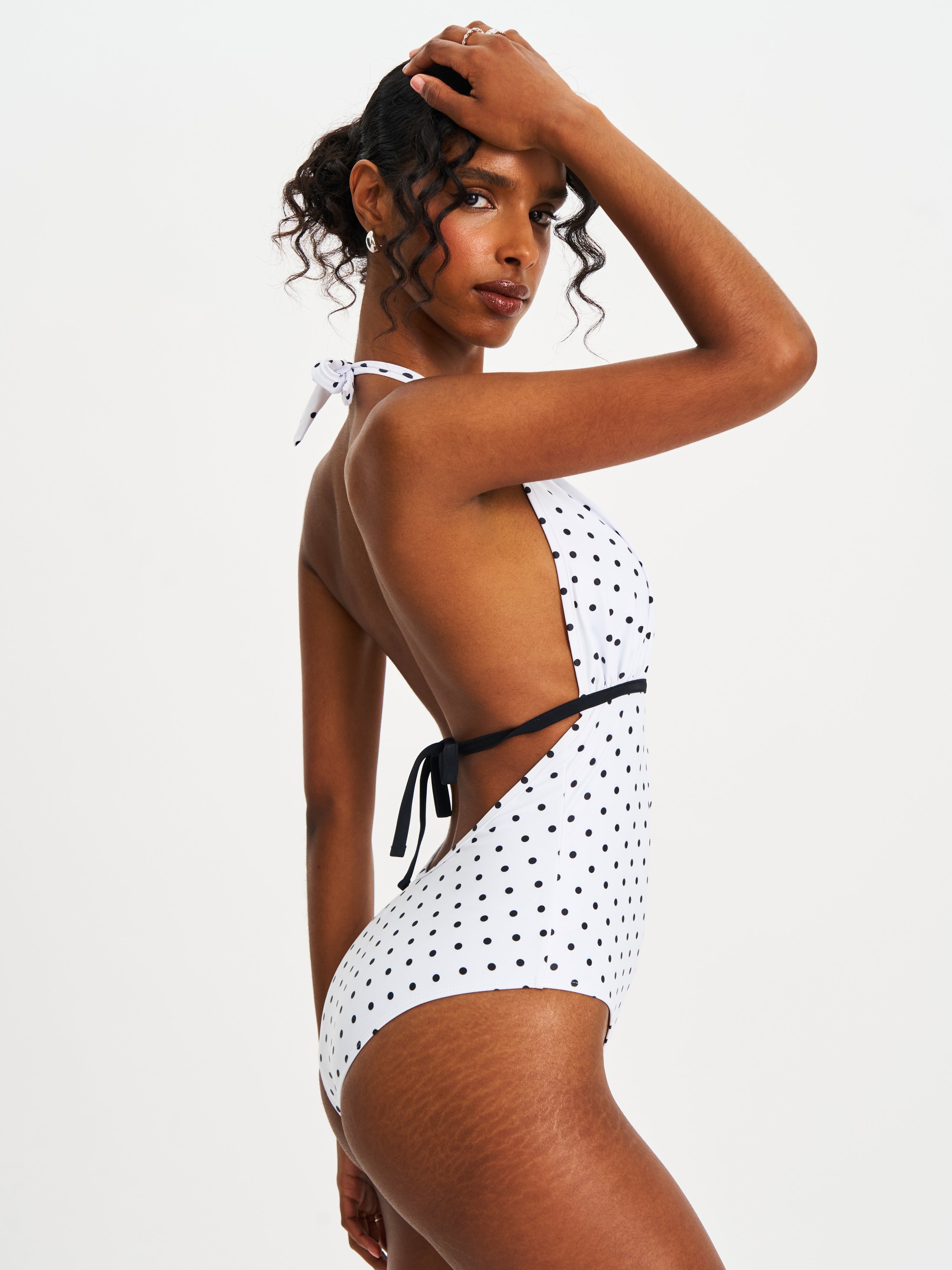 Olive Polka Dot Ruched Halter Backless Swimsuit Black White beach cruise