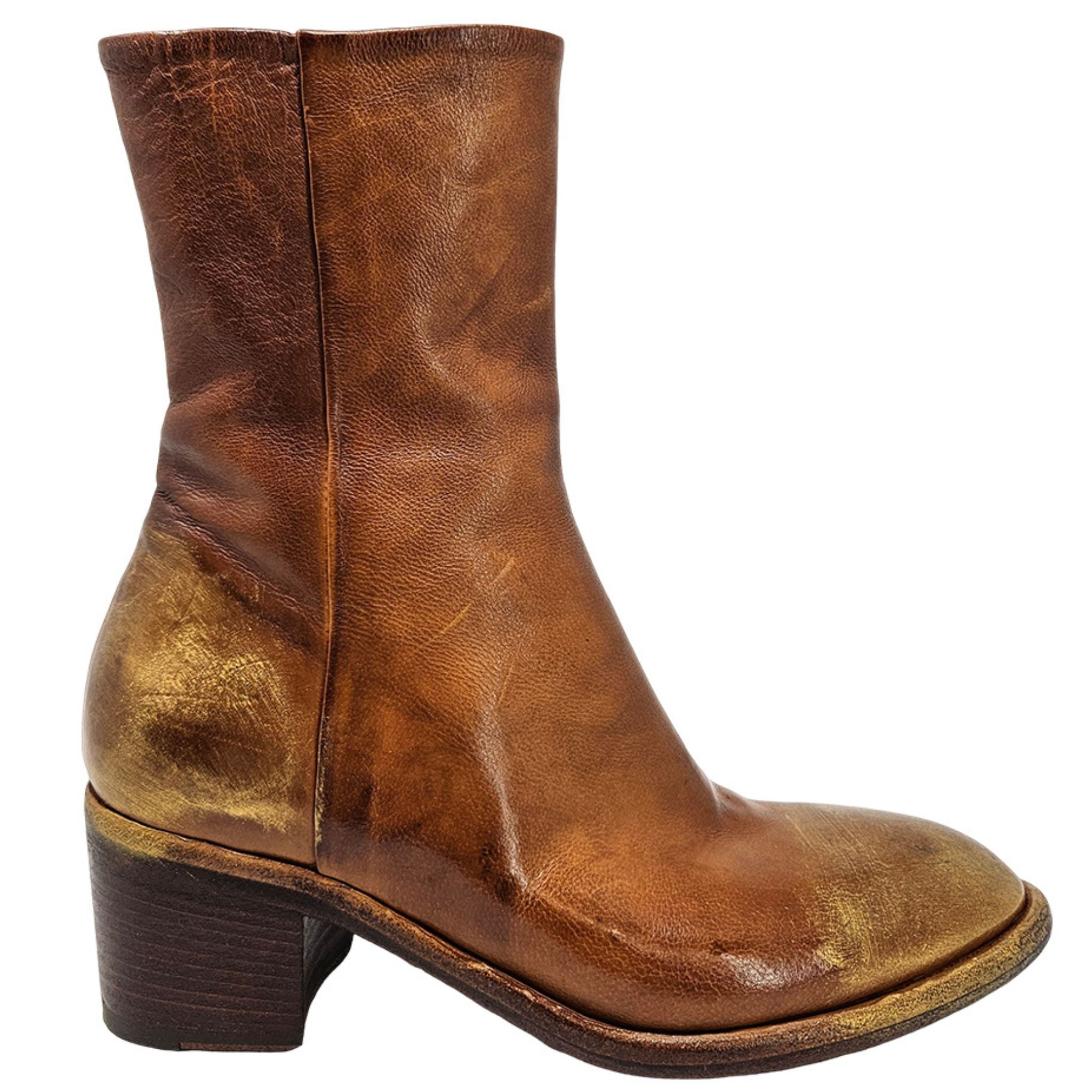Cognac w/gold Hand Rubbed Ankle Boot leather Madison Maison Beverly Hills