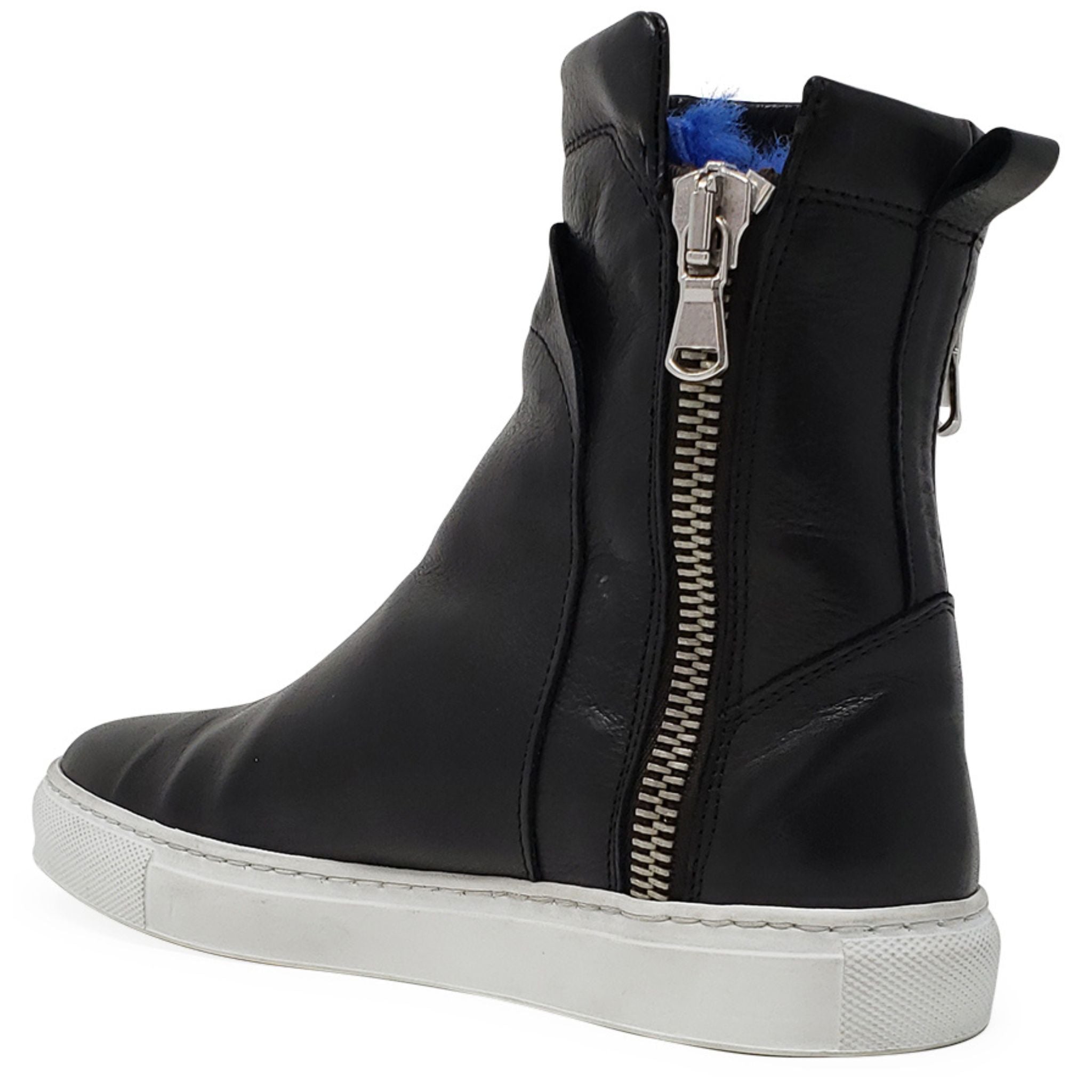 Black Leather Double Zip Shearling lined ankle Boot sneaker booties Madison Maison