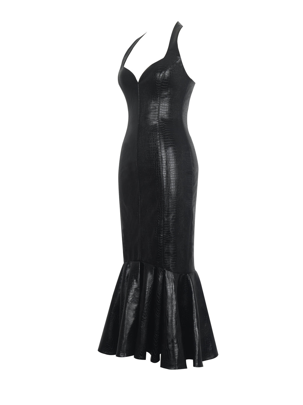 Gardenia Black Croc Leather Midi Sweetheart Halter Flared Dress