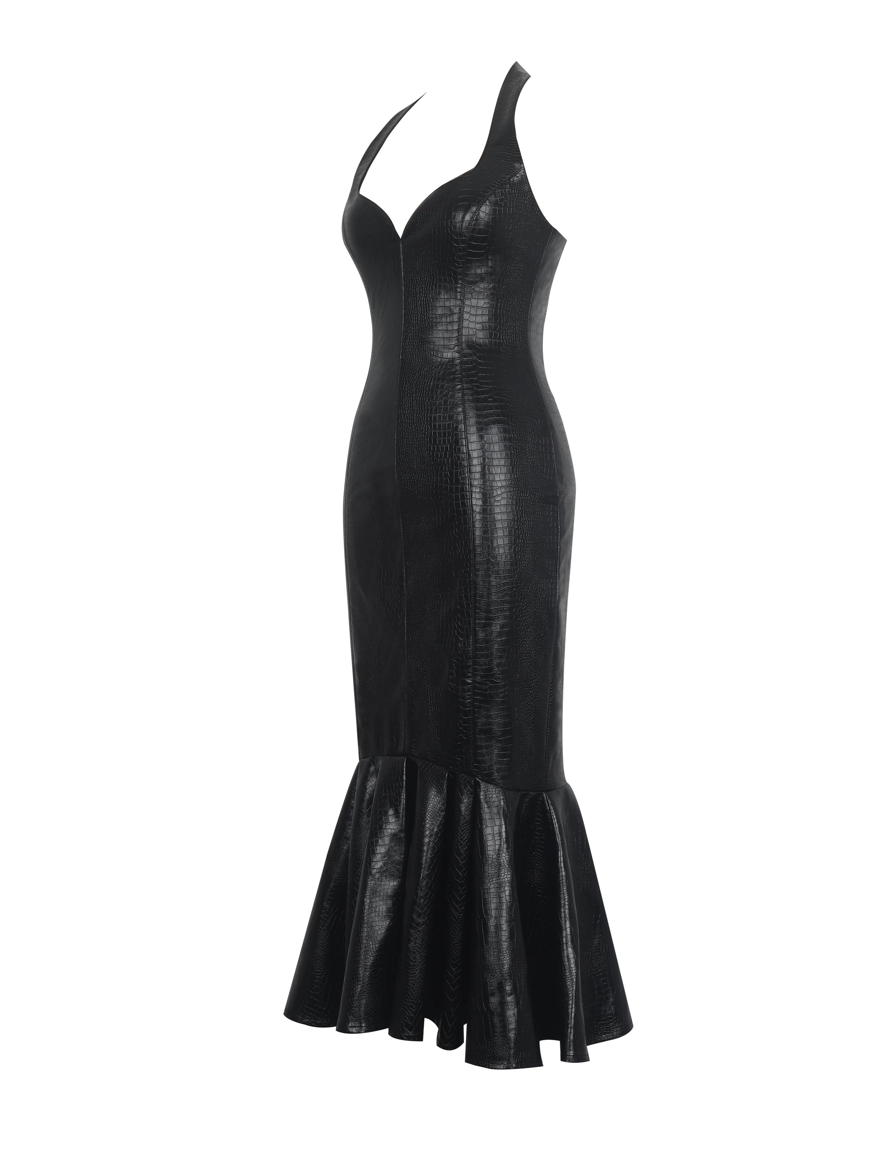 Gardenia Black Croc Leather Midi Sweetheart Halter Flared Dress