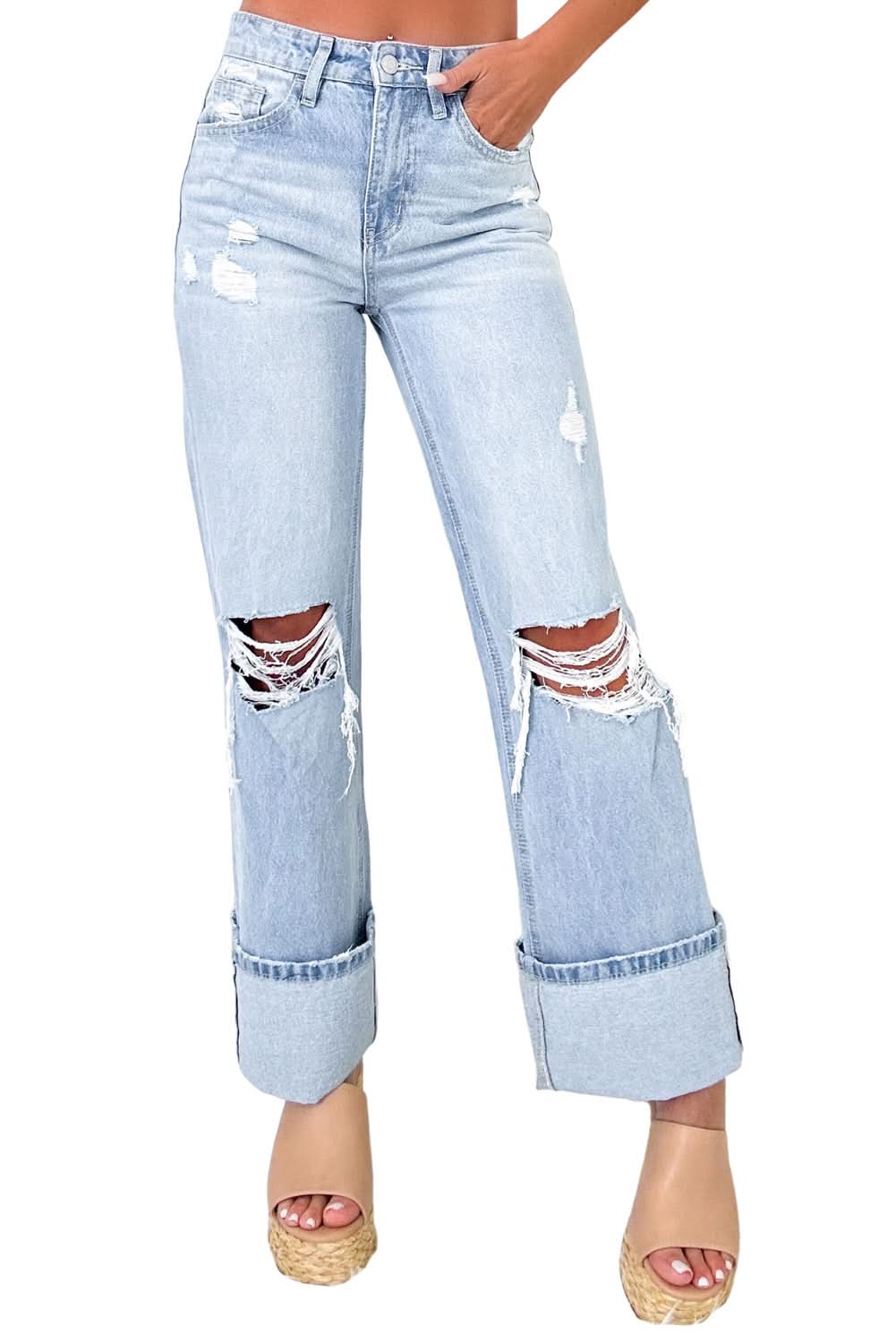 Beau Blue Light Wash Distressed Denim Flare Jeans High Waist