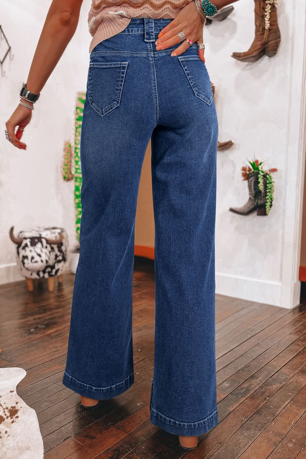 Sail Blue High Waist Wide Leg Jeans With Patch Pockets Denim