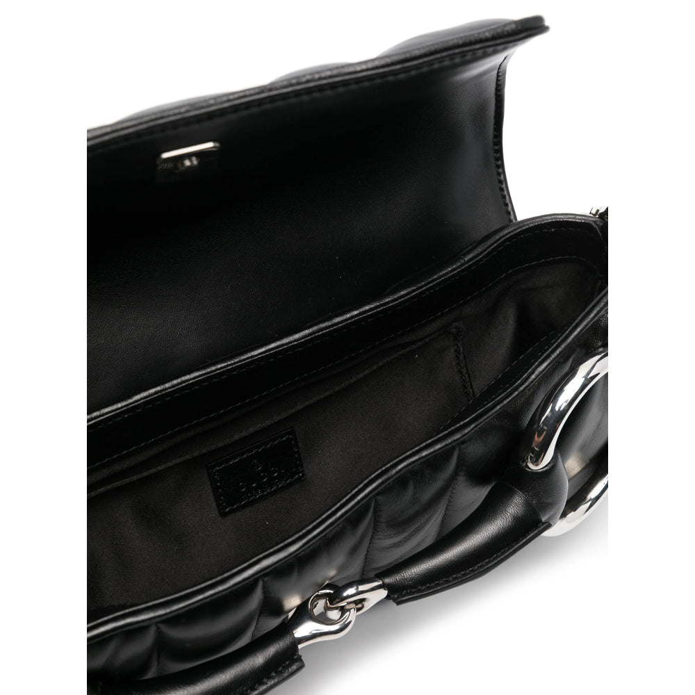 Gucci Black Shoulder Bag Ladies Handbag Purse Black leather horsebit silver