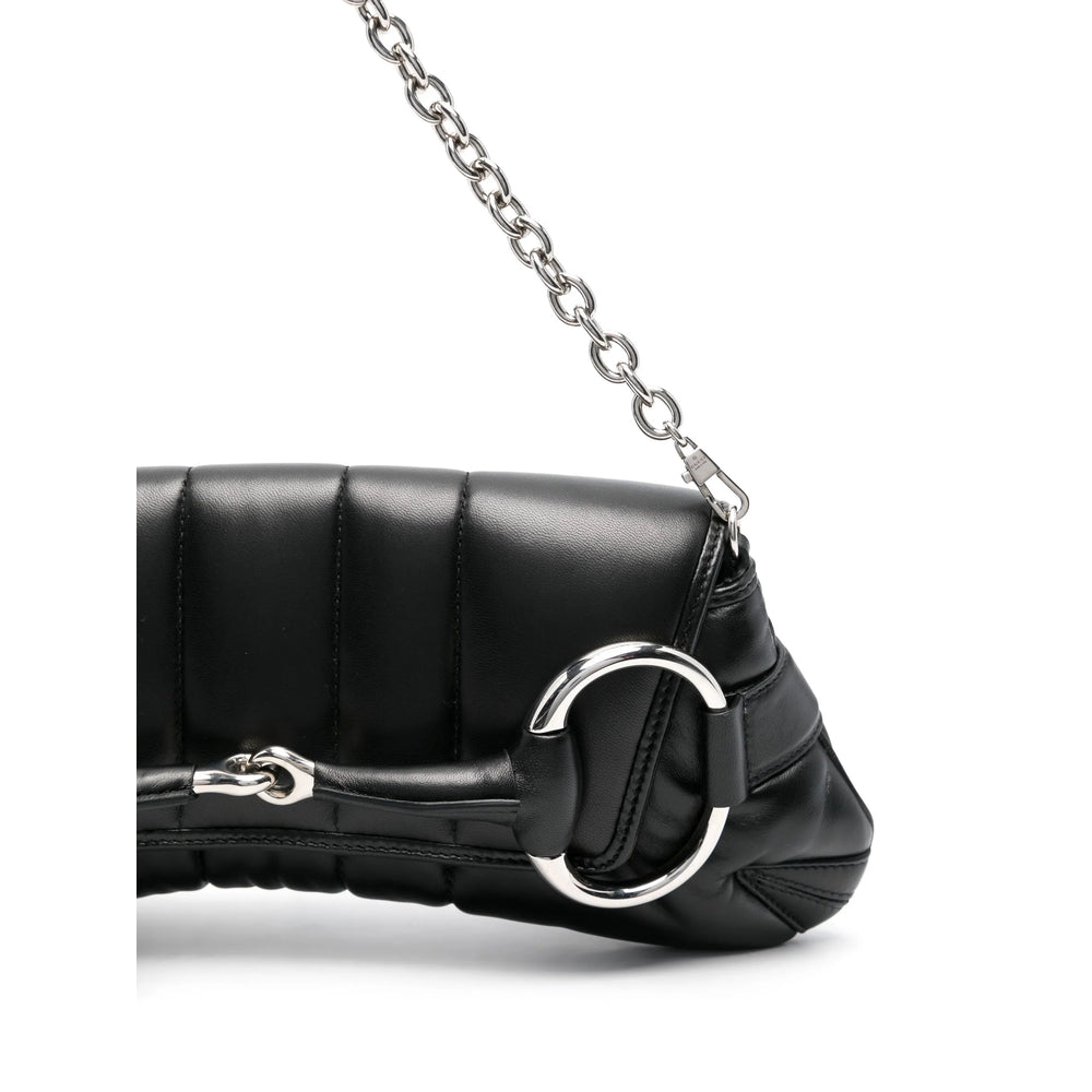 Gucci Black Shoulder Bag Ladies Handbag Purse Black leather horsebit silver