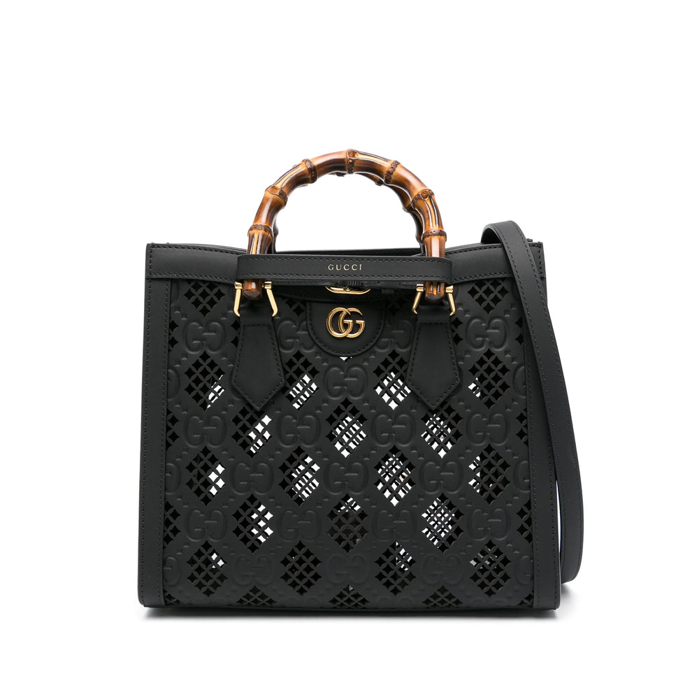 Gucci Black Tote Bag ladies GG logo handbag purse travel leather bamboo handles