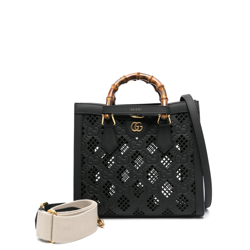 Gucci Black Tote Bag ladies GG logo handbag purse travel leather bamboo handles