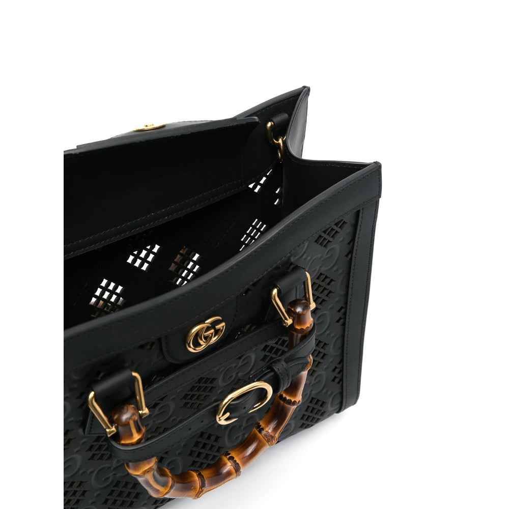 Gucci Black Tote Bag ladies GG logo handbag purse travel leather bamboo handles