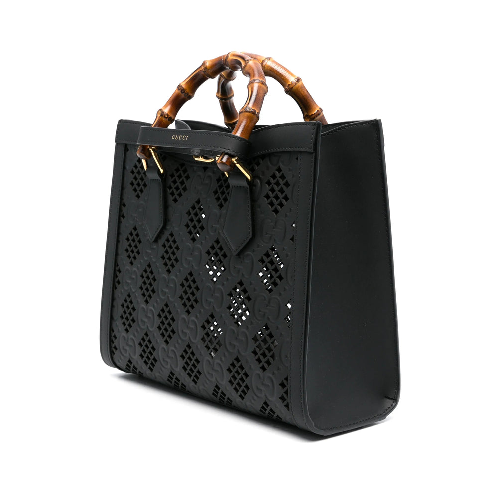 Gucci Black Tote Bag ladies GG logo handbag purse travel leather bamboo handles