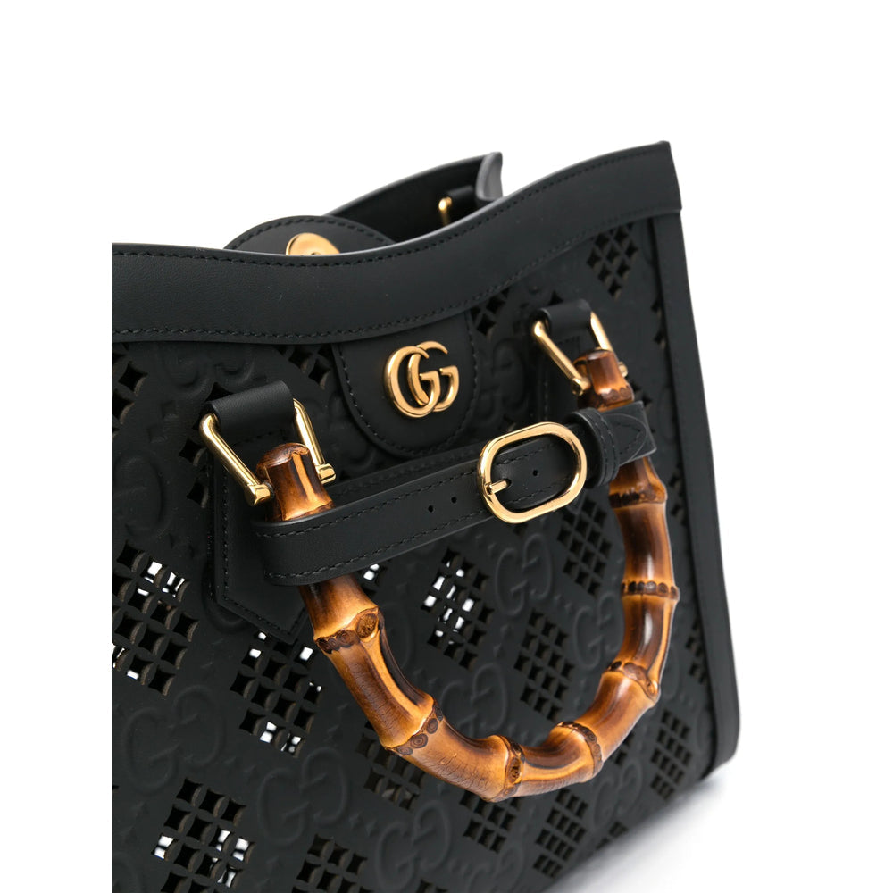 Gucci Black Tote Bag ladies GG logo handbag purse travel leather bamboo handles