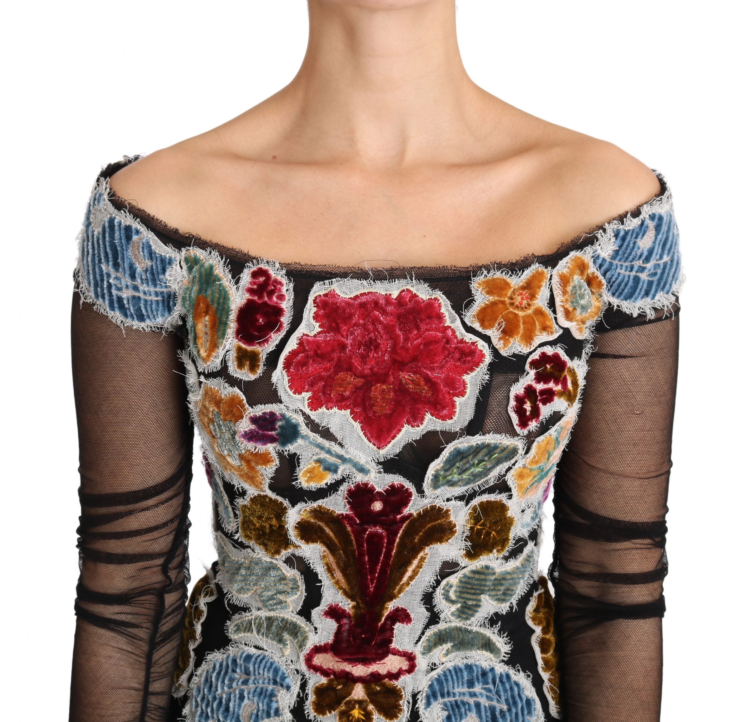 Dolce & Gabbana Black Floral Ricamo Top T-shirt Blouse off-shoulder ladies