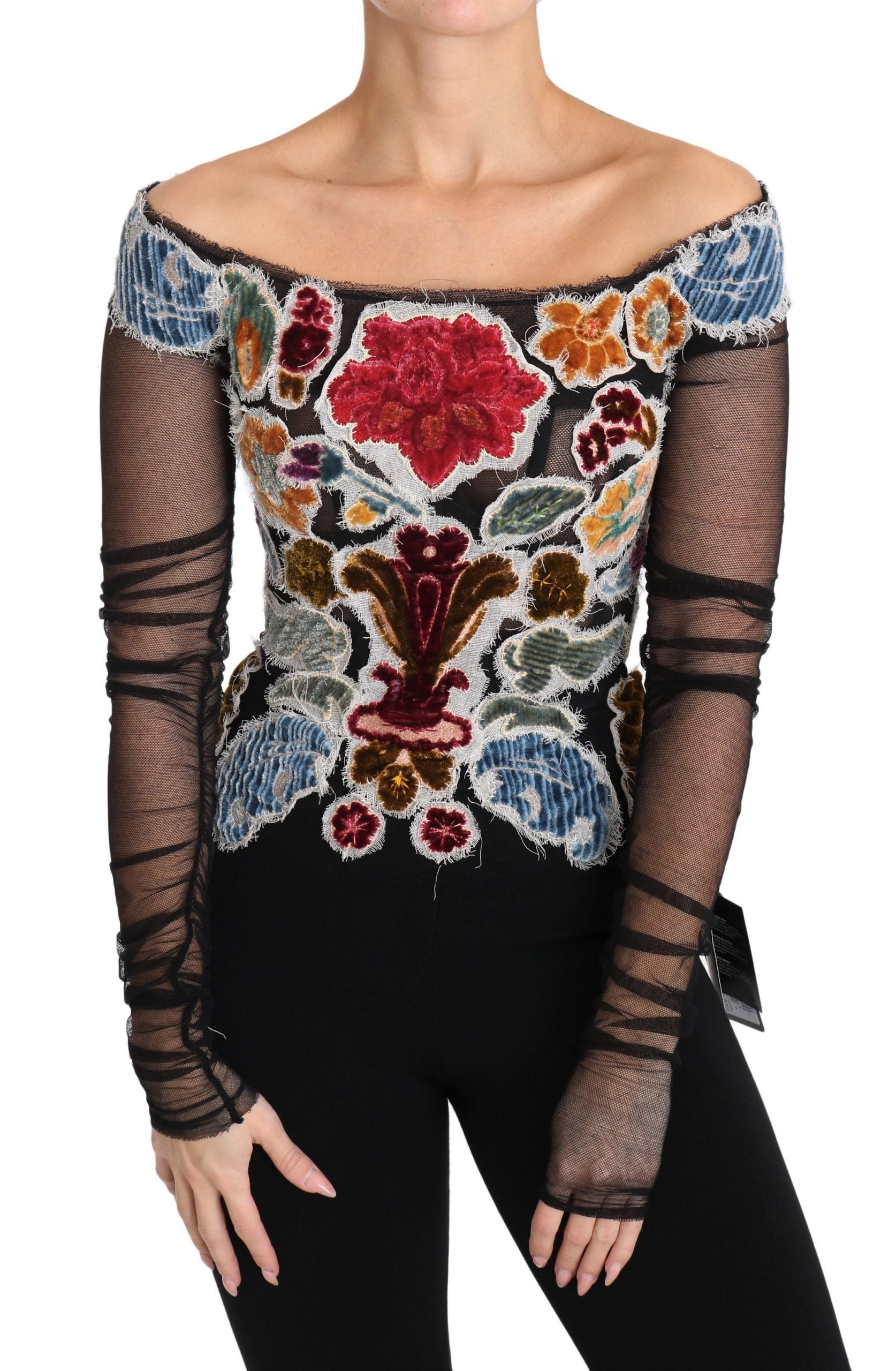 Dolce & Gabbana Black Floral Ricamo Top T-shirt Blouse off-shoulder ladies