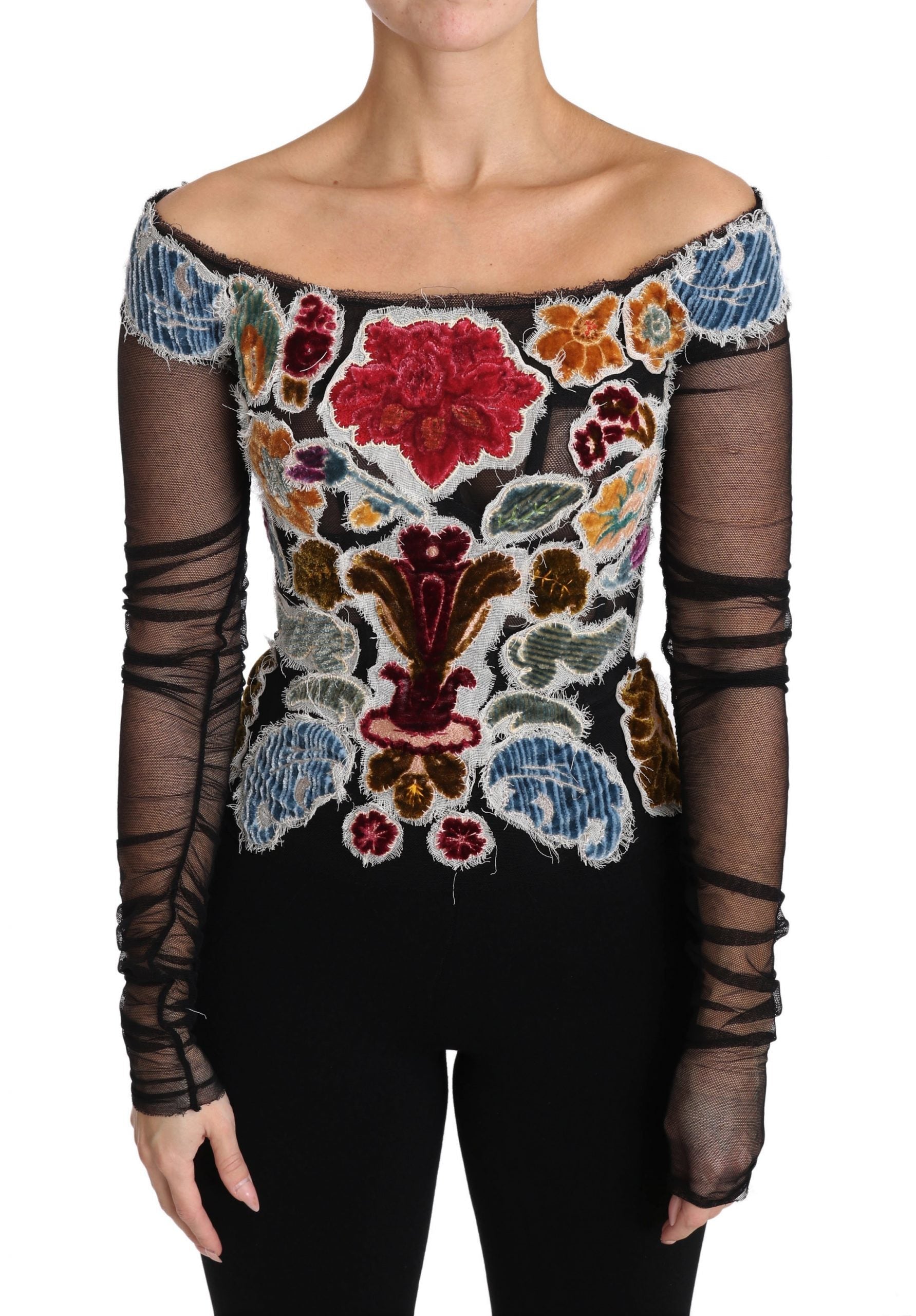 Dolce & Gabbana Black Floral Ricamo Top T-shirt Blouse off-shoulder ladies