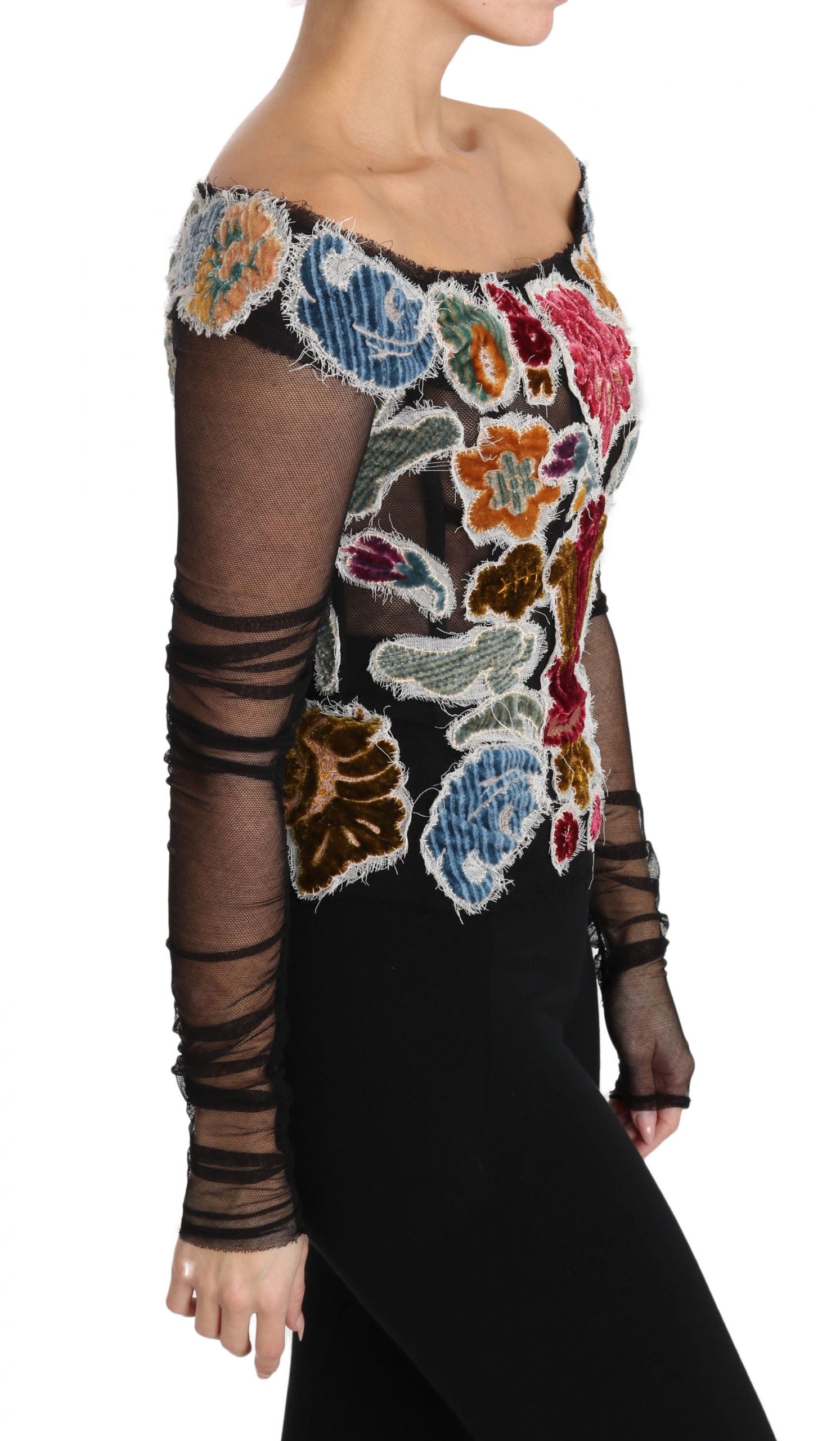 Dolce & Gabbana Black Floral Ricamo Top T-shirt Blouse off-shoulder ladies