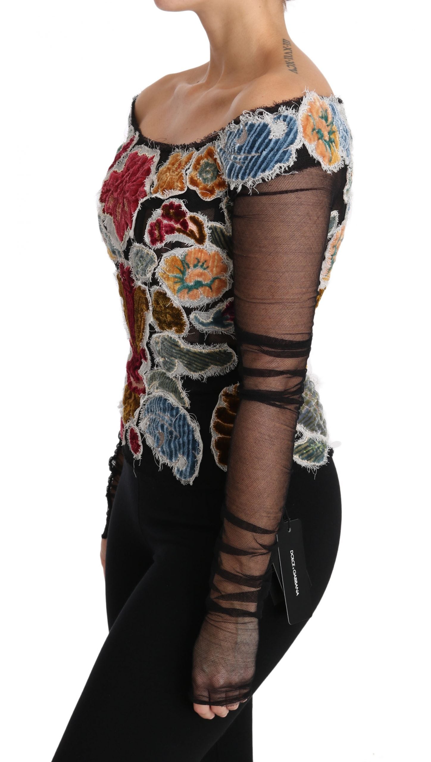 Dolce & Gabbana Black Floral Ricamo Top T-shirt Blouse off-shoulder ladies