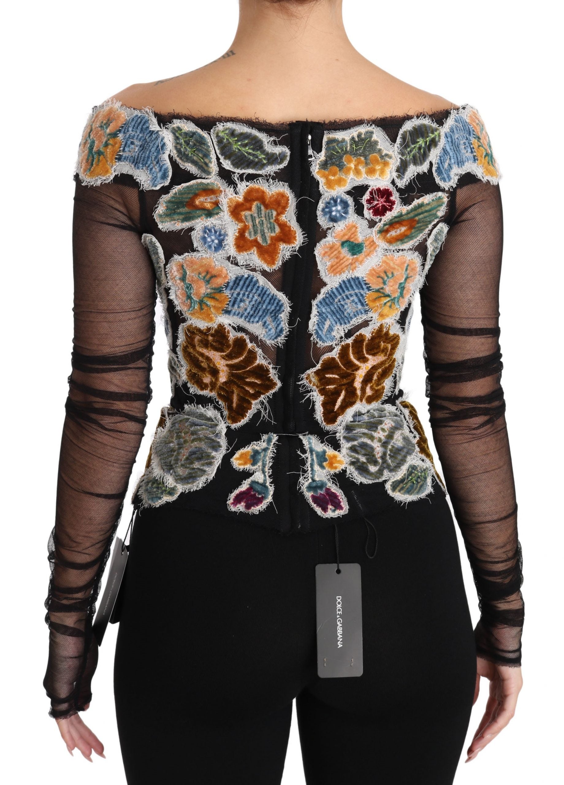 Dolce & Gabbana Black Floral Ricamo Top T-shirt Blouse off-shoulder ladies