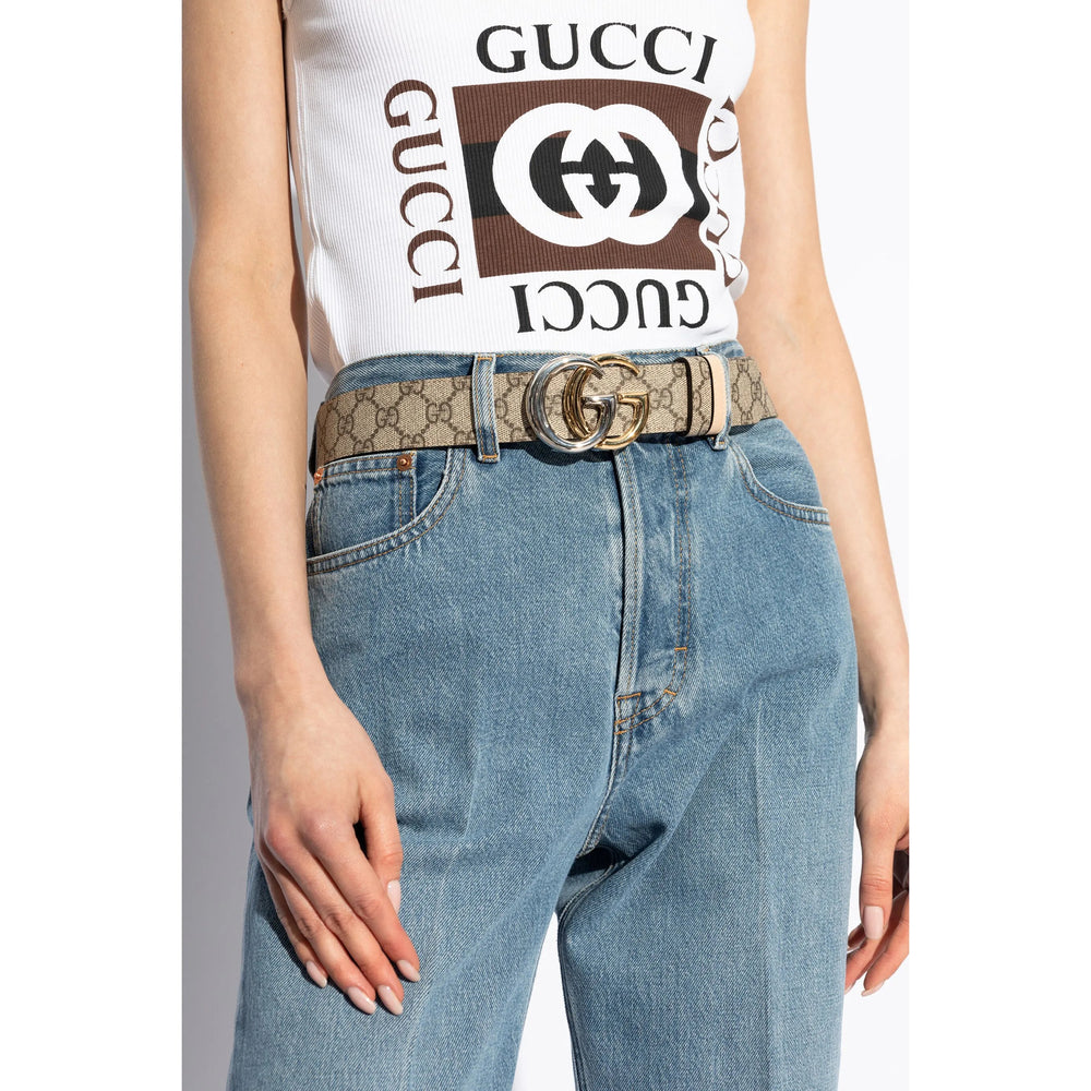 Gucci Brown Belt Ladies leather 2-tone gold silver GG buckle