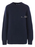 PradaLadies Round Neck Sweater with logo safety pin Cashmere Navy