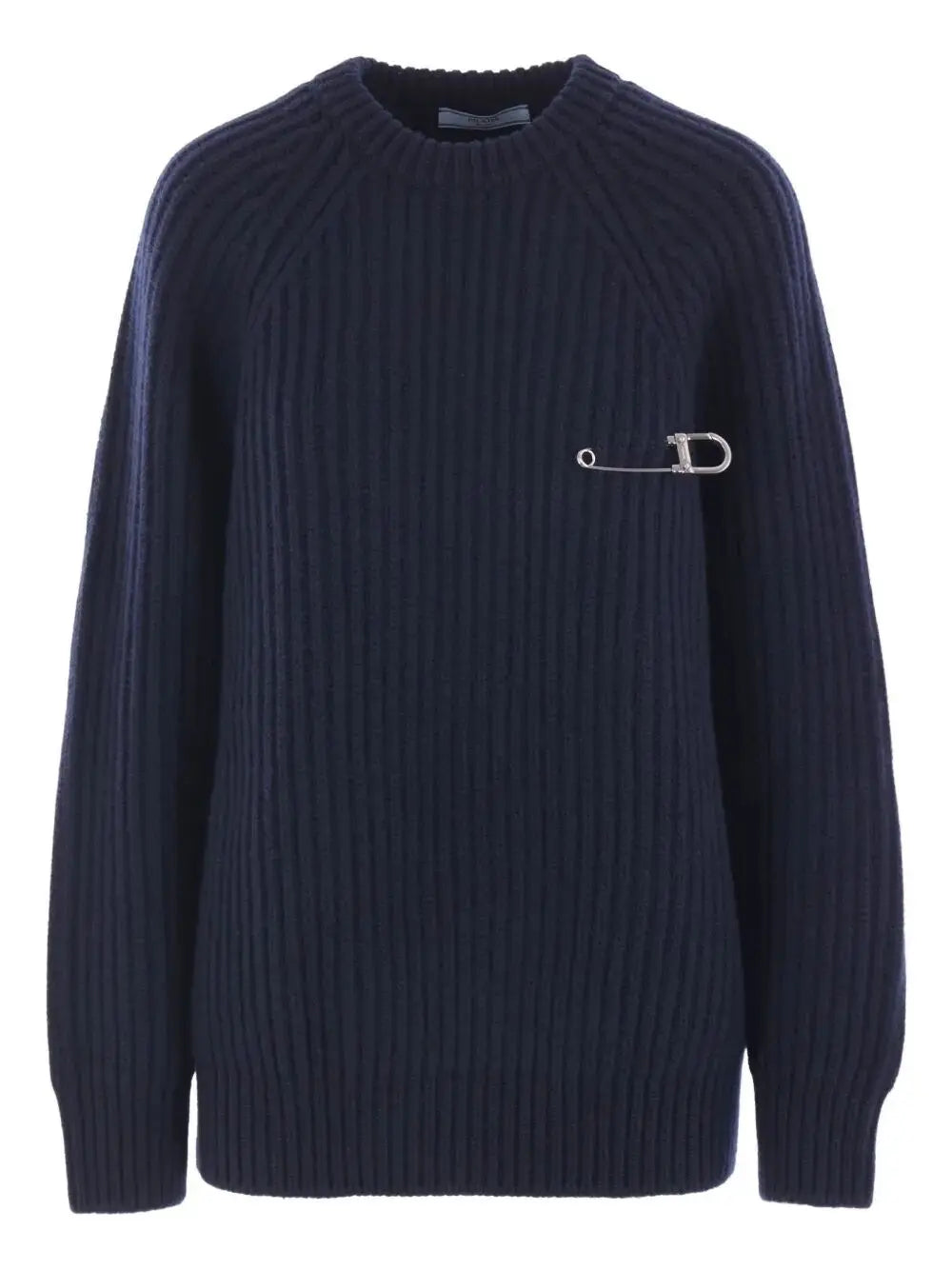 PradaLadies Round Neck Sweater with logo safety pin Cashmere Navy
