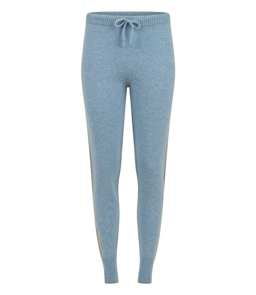 Sky Blue 100% Cashmere Sweat Pants W/ Gold Laminated Bands joggers Maison Italy