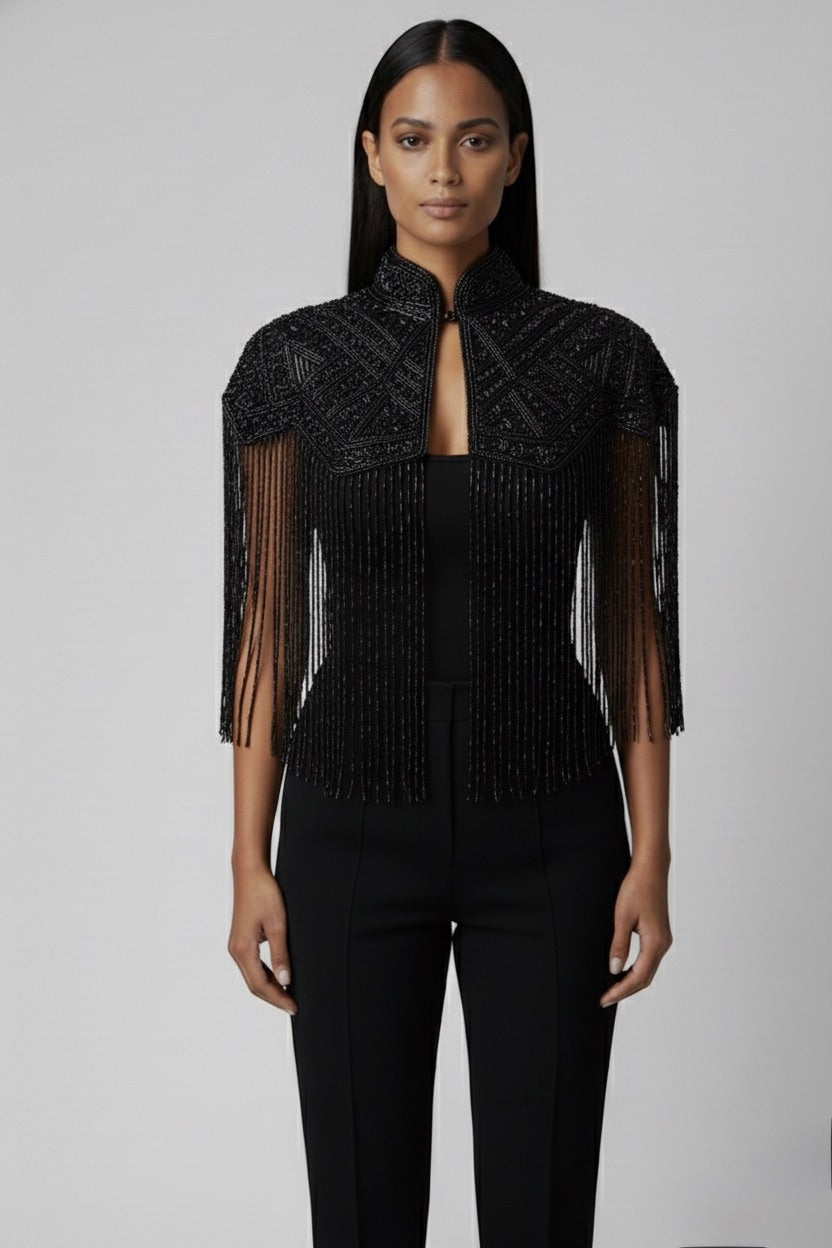 Noir Line Cape Black Beaded fringe formal dressy party