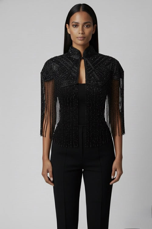 Noir Line Cape black fringe beaded evening formal dressy cocktail