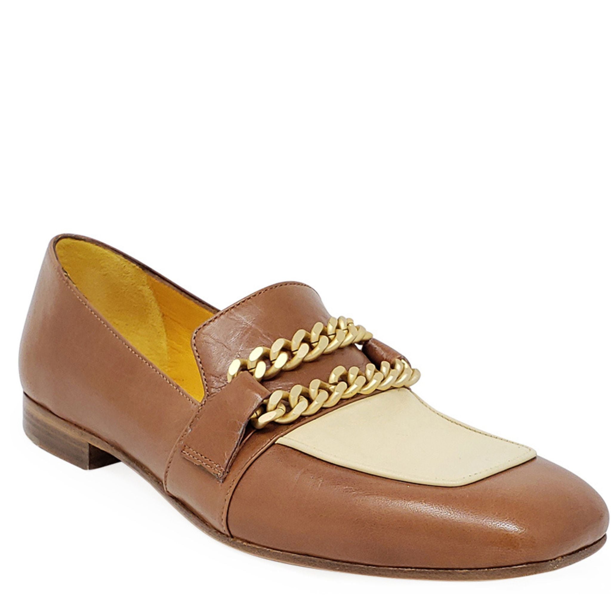 Flat Loafer Tan/Cream Madison Maison Beverly Hills spectator flats w/ gold chain