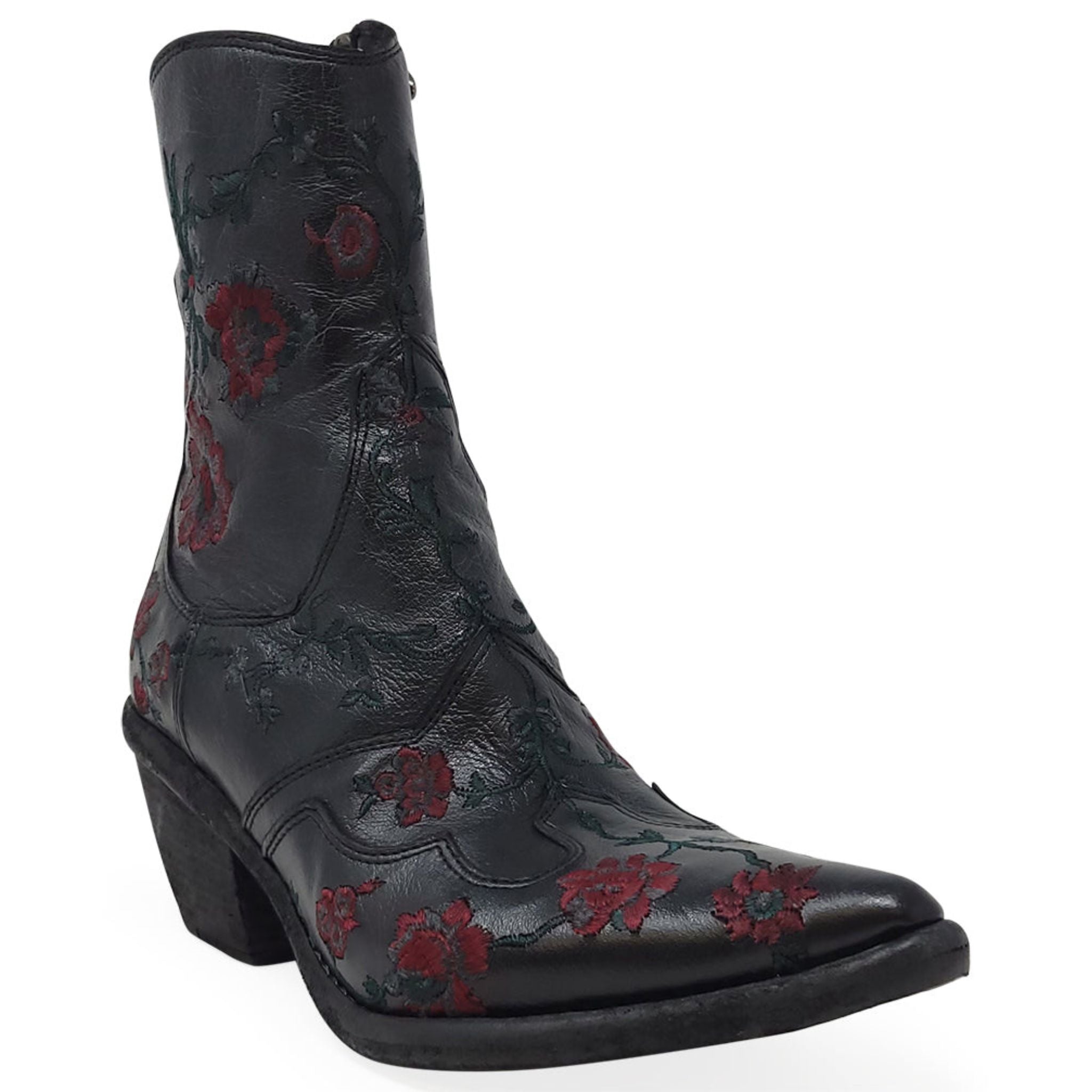 Black red Leather Embroidered Ankle Boot Madison Maison Beverly Hills++