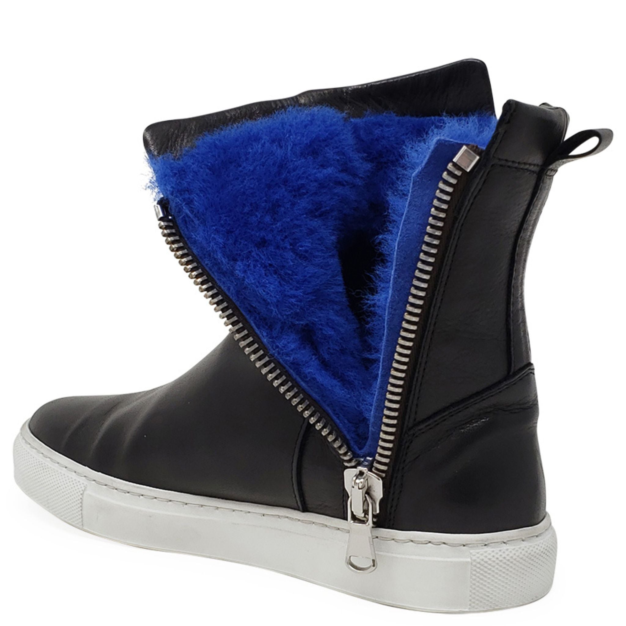 Black Leather Double Zip Shearling lined ankle Boot sneaker booties Madison Maison