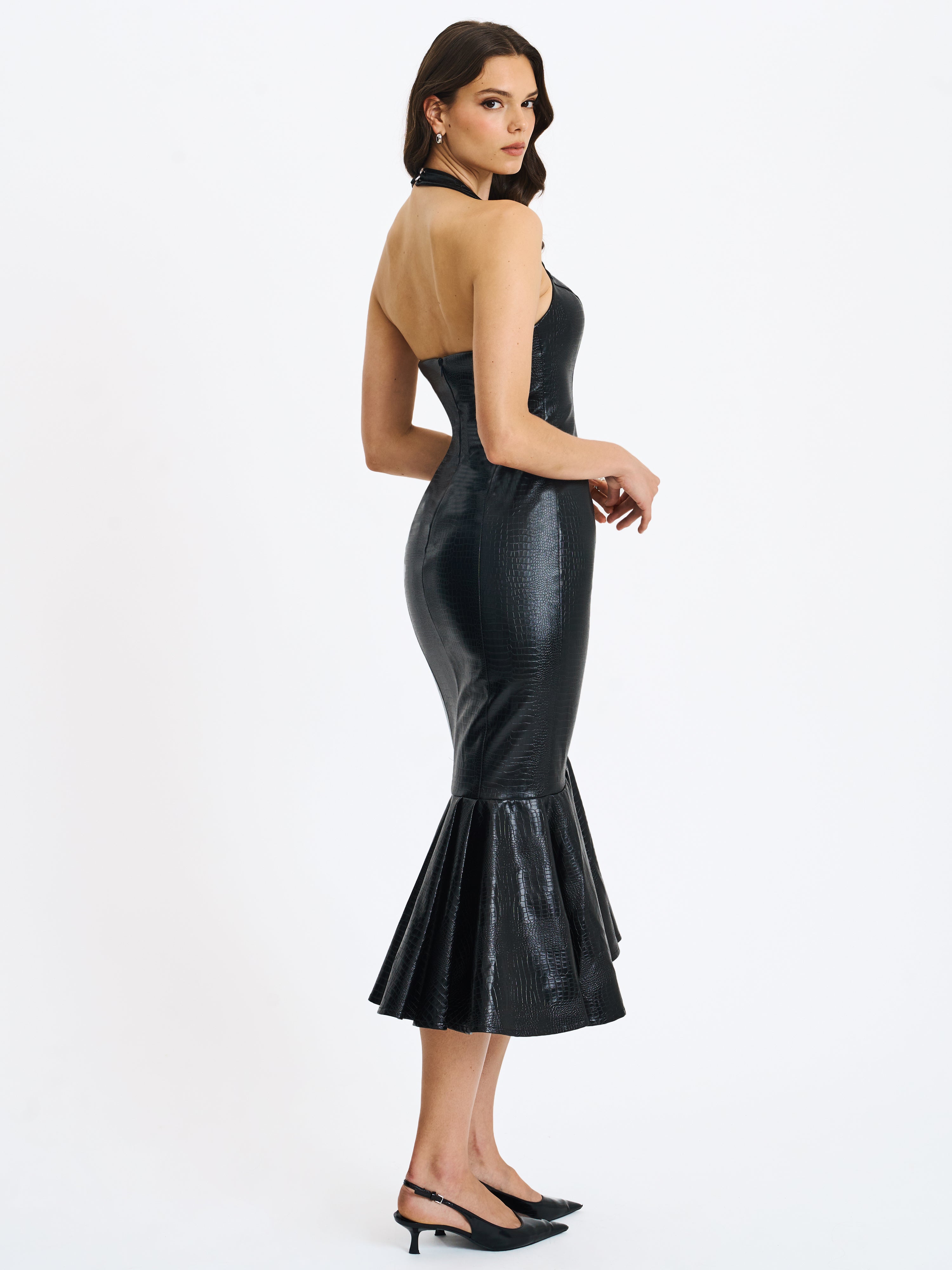 Gardenia Black Croc Leather Midi Sweetheart Halter Flared Dress