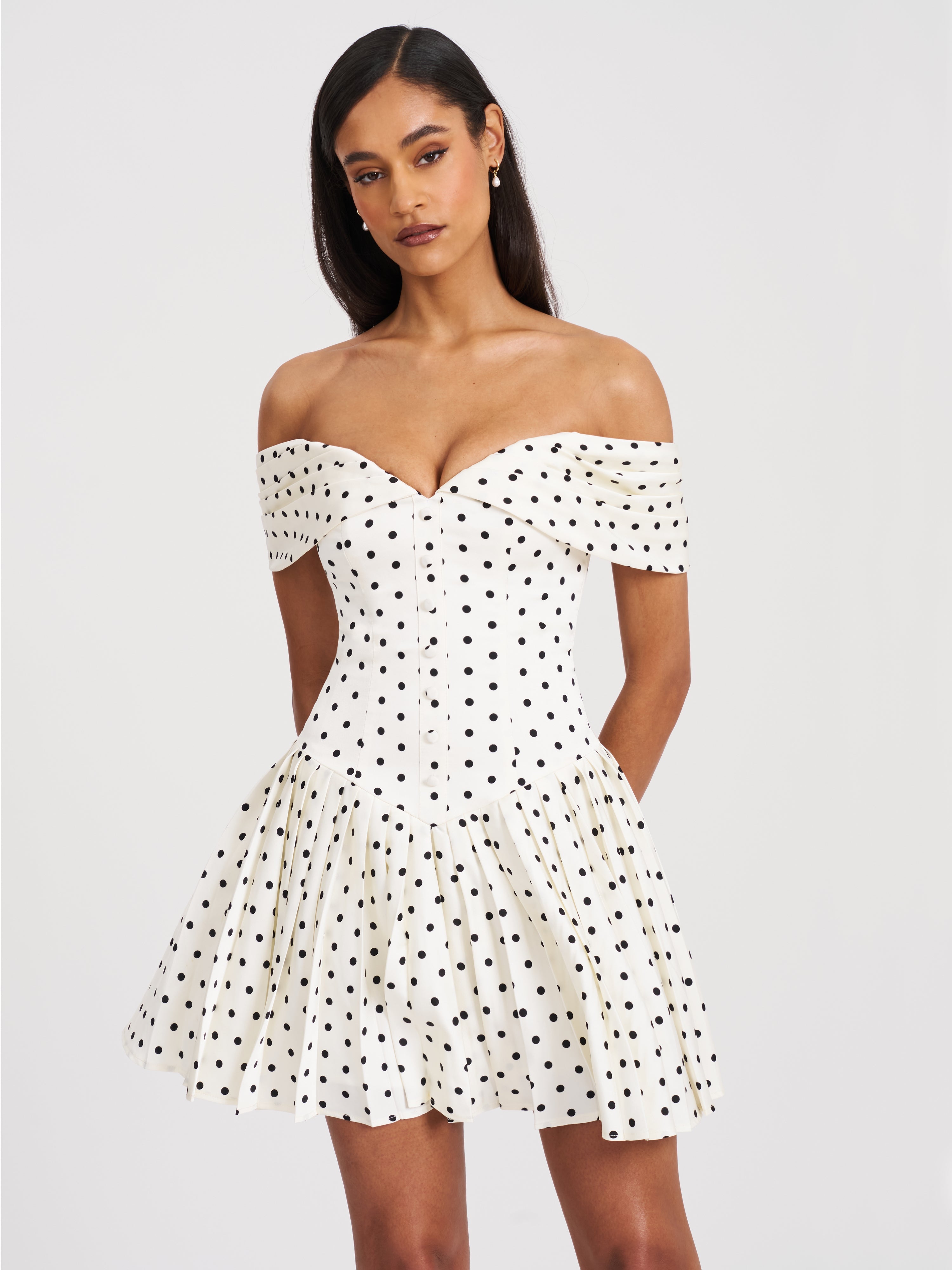 Edeline Polka Dot Off-shoulder Pleated Mini Dress black white