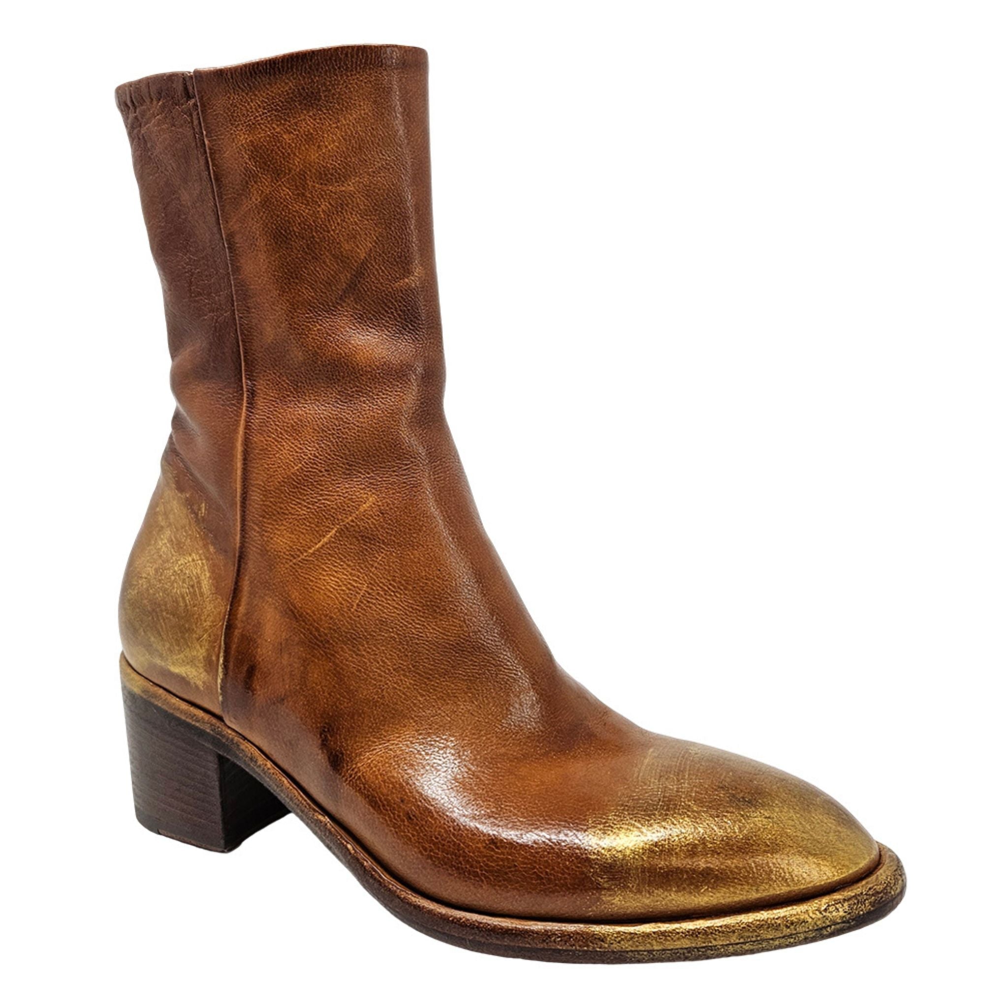 Cognac w/gold Hand Rubbed Ankle Boot leather Madison Maison Beverly Hills