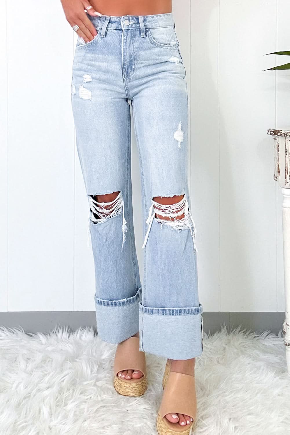 Beau Blue Light Wash Distressed Denim Flare Jeans High Waist